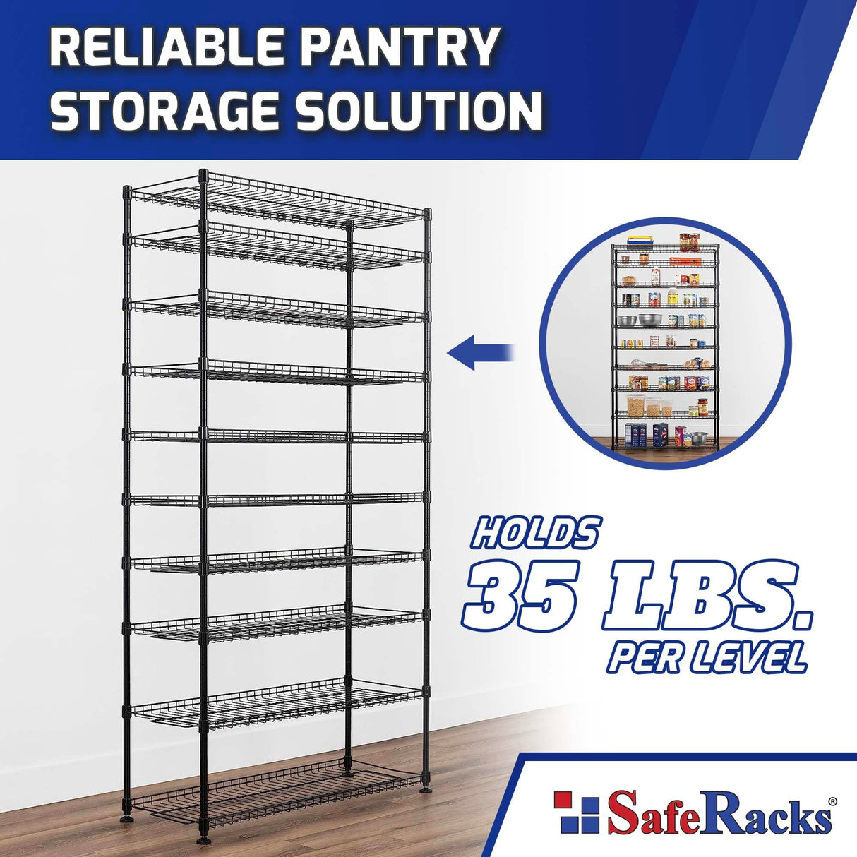 SafeRacks 10-Tier Pantry Shelf, Metal Wire Shelving Unit with Adjustable Shelves & Feet, Anti-Tip Kit, NSF Certified Steel Storage Rack for Kitchen or Garage Black 14" D×36" W×68" H SafeRacks