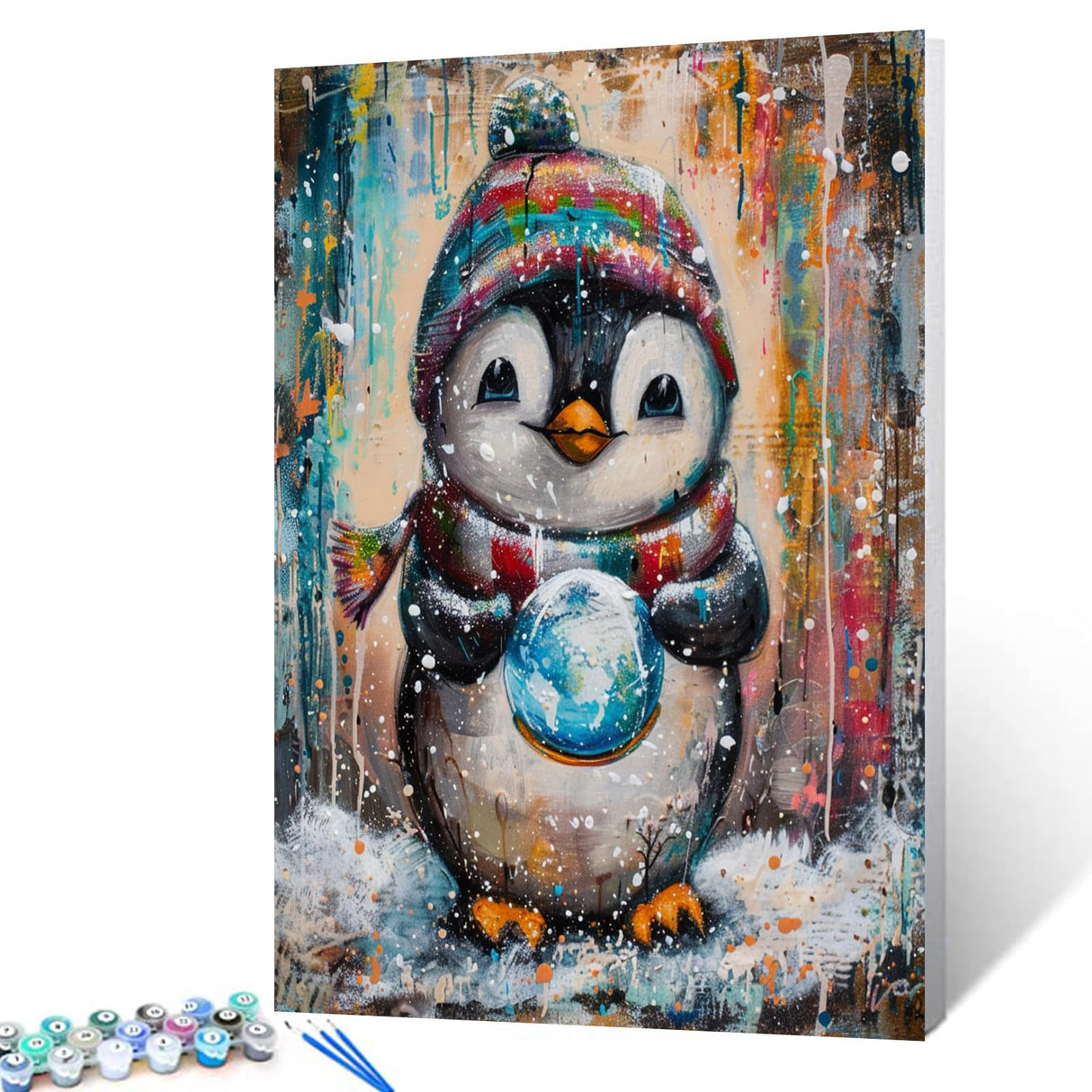 Cute Penguin Holding a Snow Globe Paint by Numbers for Adults Kids and Beginners DIY Easy Canvas Animal Oil Painting Acrylic Pigment Kits Modern Graffiti Style Home Wall Decor Gift 16x20In (Frameless) Aihonmin