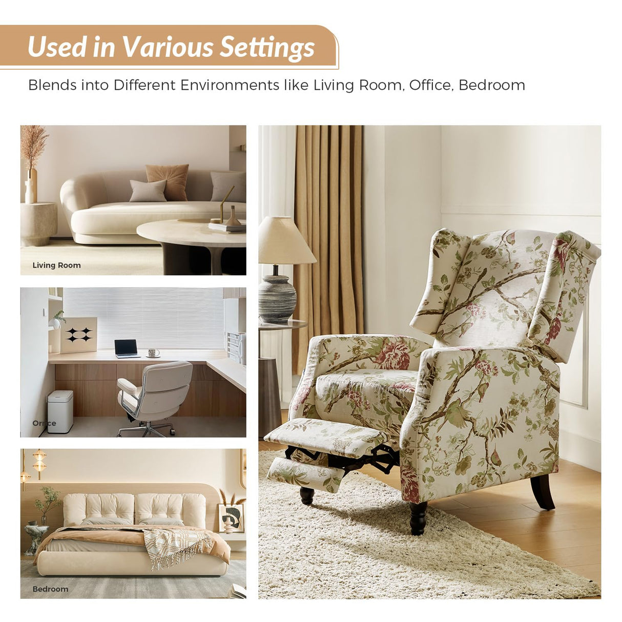 HULALA HOME Wingback Recliner Chairs Set of 2, Traditional Push Back Recliners with Solid Wood Legs, Modern Lounge Armchairs for Living Room, Comfy Upholstered Accent Reclining Chairs, Bird HULALA HOME