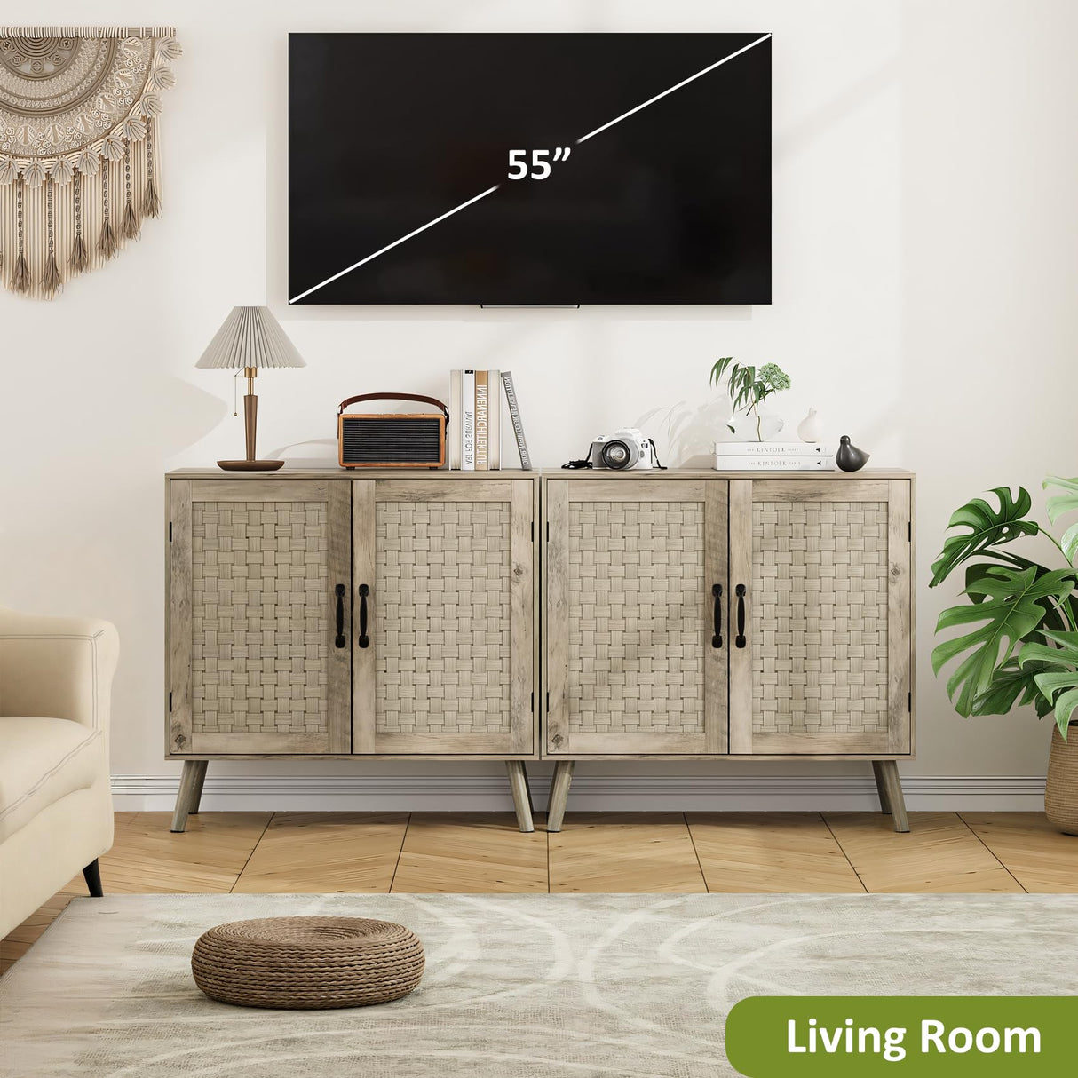 Smart FENDEE Farmhouse Sideboard Cabinet, Buffet Storage Cabinet with Handmade PVC Rattan Decor Doors & Adjustable Shelf, Wood Accent Table Coffee Station for Kitchen, Living Room, Entryway, Grey Oak Smart FENDEE