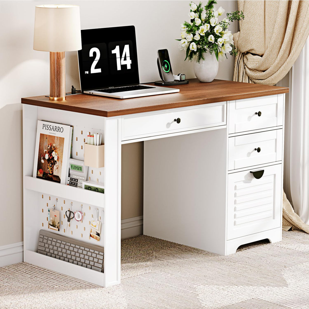 Ieejdn 47" Home Office Desks, Executive Desk, Farmhouse Computer Desk with Drawers and Charging Station, File Drawer, Storage Cabinet, Rustic Computer Writing Desk,Antique White Ieejdn