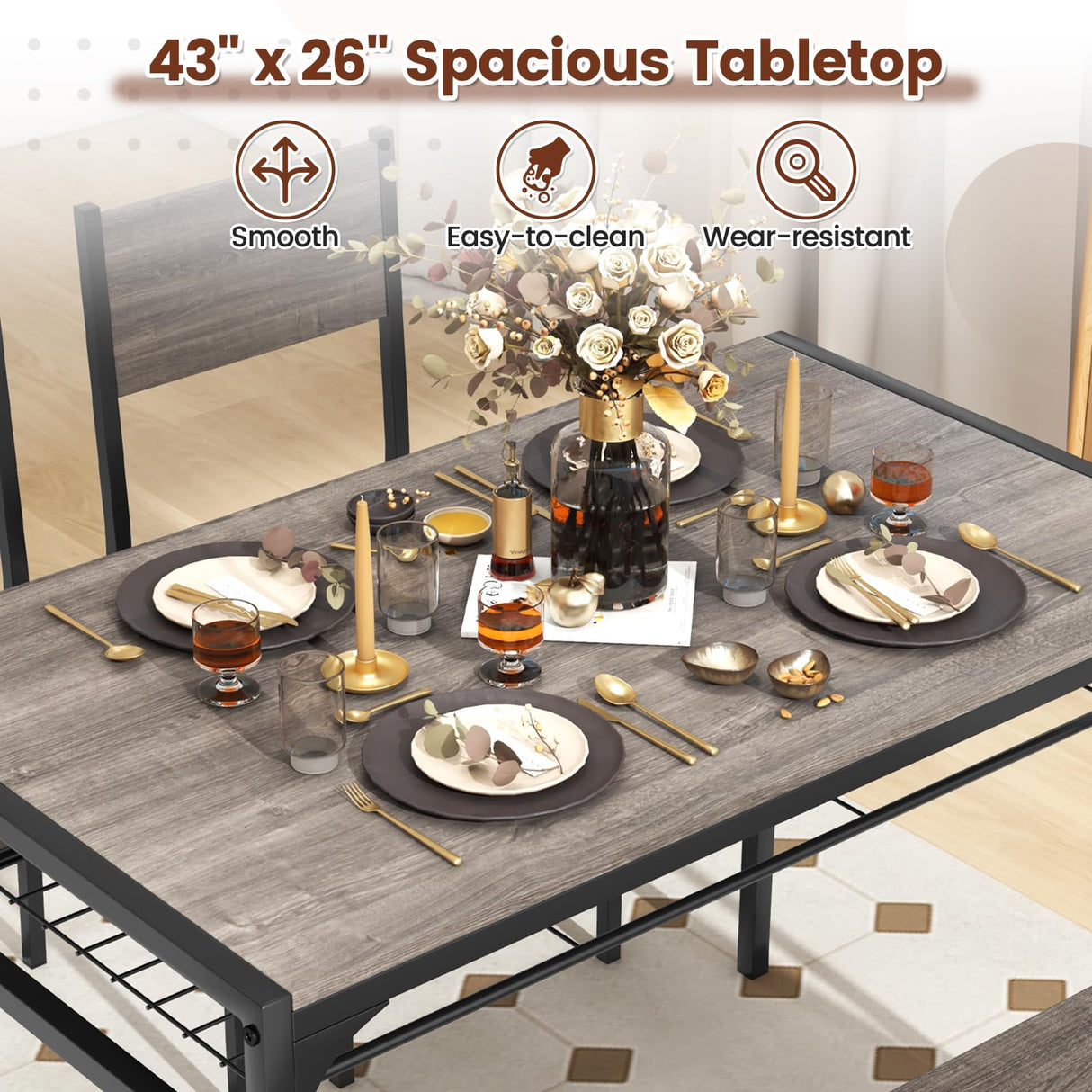 COSTWAY 4 Pieces Dining Table Set, Kitchen Table and 2 Chairs for 4 with Bench, Storage Racks, Metal Frame & Space-saving Design, Industrial Kitchen Table Set for Small Space, Apartment (Black & Grey) COSTWAY