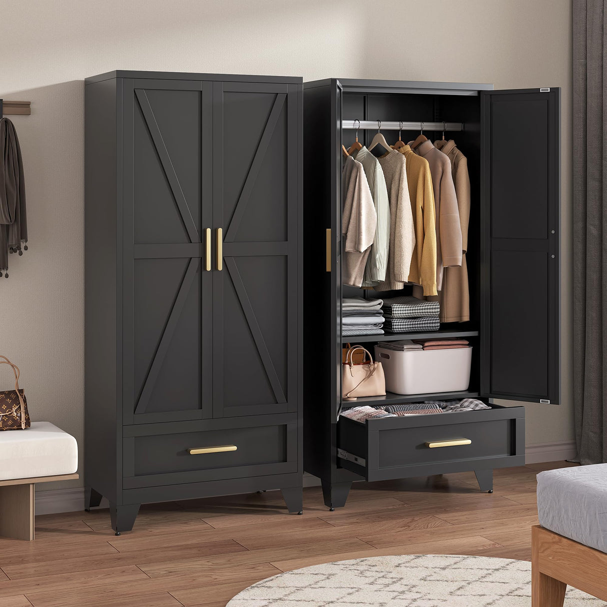 LCAOPC 71" Tall Metal Wardrobe Cabinet with Drawer and Hanging Rod, 2 Doors Armoire Wardrobe Closet with Shelf for Bedroom, Office, Laundry Room, Black LCAOPC
