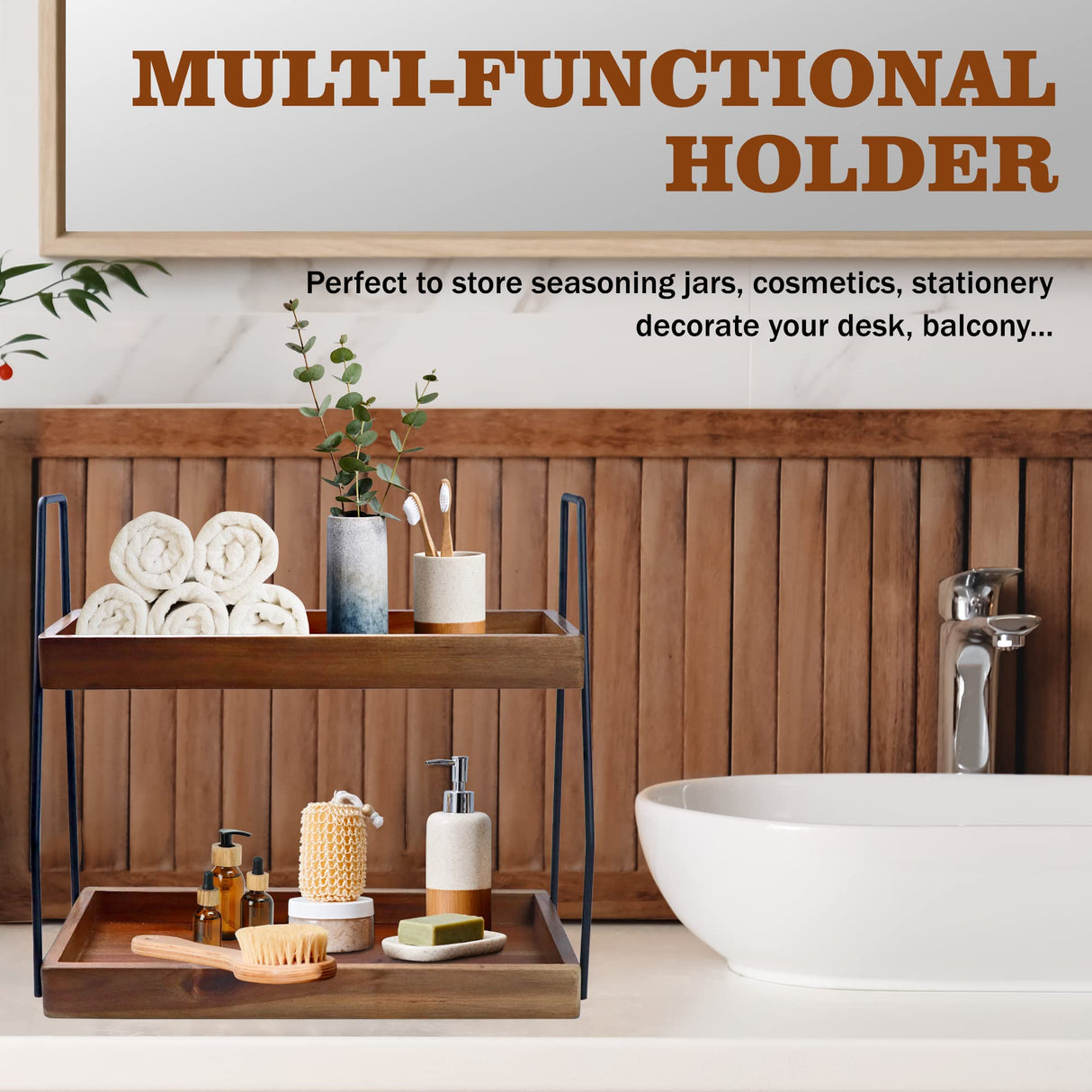 Acacia Bathroom Organizer Countertop 13.6 x 14 x 6.7 inches, 2-Tier Wood Counter Standing Rack, Countertop Storage Shelf for Organizing Bathroom Kitchen Office Desk Vanity Cosmetic Balcony Demigo