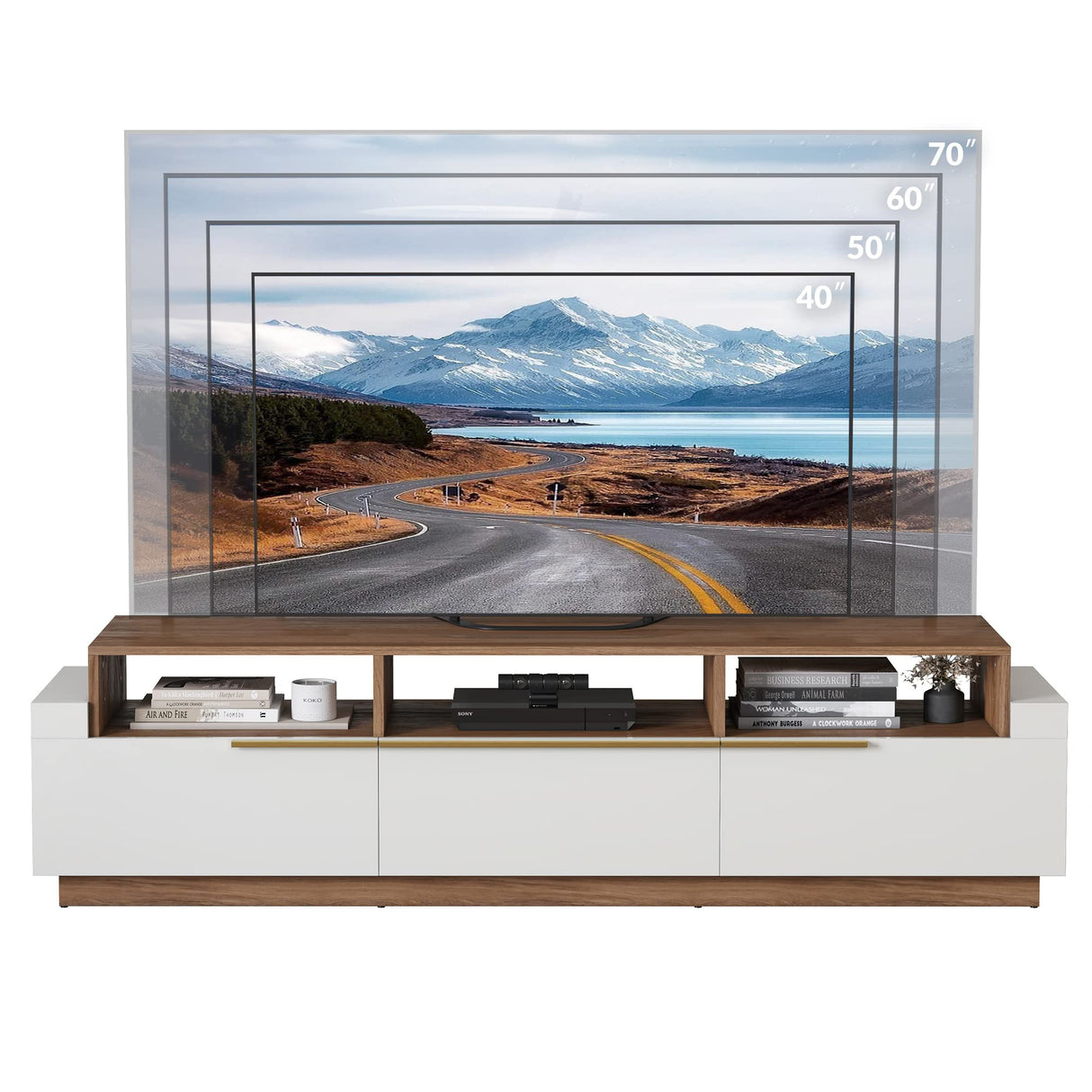 BELLEZE 70" TV Stand for TV up to 70", Modern Home Entertainment Center with Open Shelves and Drawers, Media Console Table, Wood Storage Cabinet for Living Room, Bedroom - Broadway (White) BELLEZE