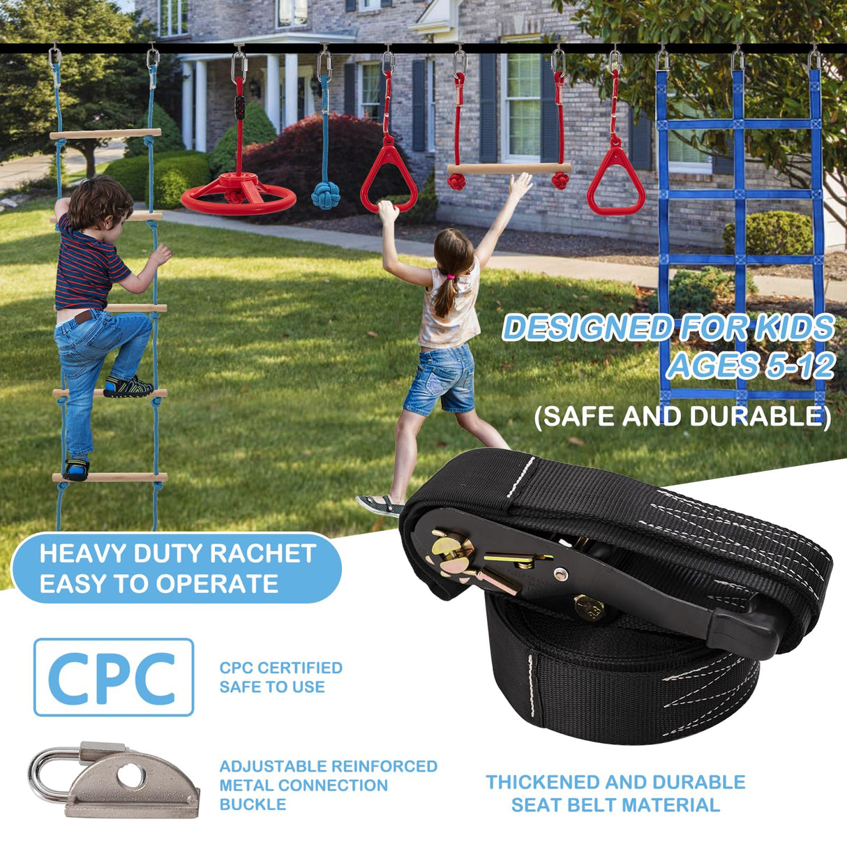 Bronkige Ninja Warrior Obstacle Course for Kids - 10 Outdoor Warrior Obstacles with 65FT Slackline Kit, Monkey Bars, Climbing Net, Swing, Trapeze, Rope Ladder Bronkige