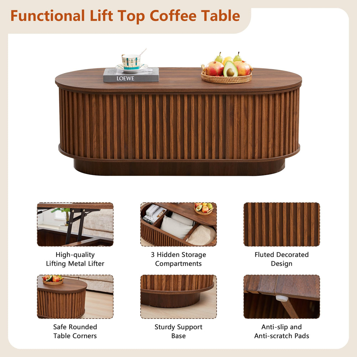 CHILILTDUS Oval Lift Top Coffee Table with Storage, 43.3”Mid Century Modern Center Table with Hidden Compartment, Fluted Wooden Lift Tabletop Dining Tables for Living Room Apartment Home Office,Walnut CHILILTDUS