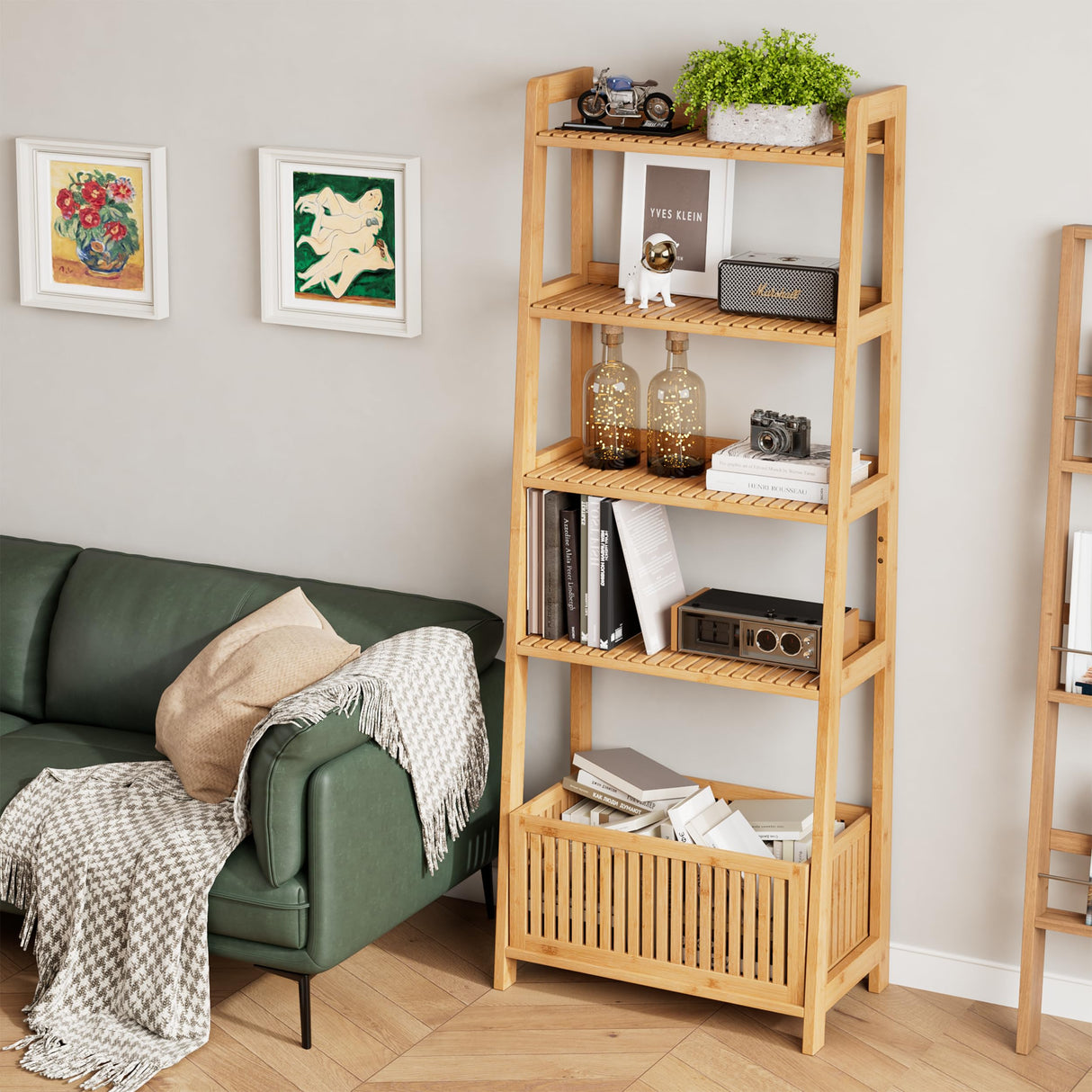 Bamjoy Bamboo Ladder Shelf, Bookshelf with 4 Display Shelves and 1 Open Storage Basket, Multifunctional Storage Rack Organizer for Home Office, Bedroom, Living Room, 66” H Natural Bamjoy