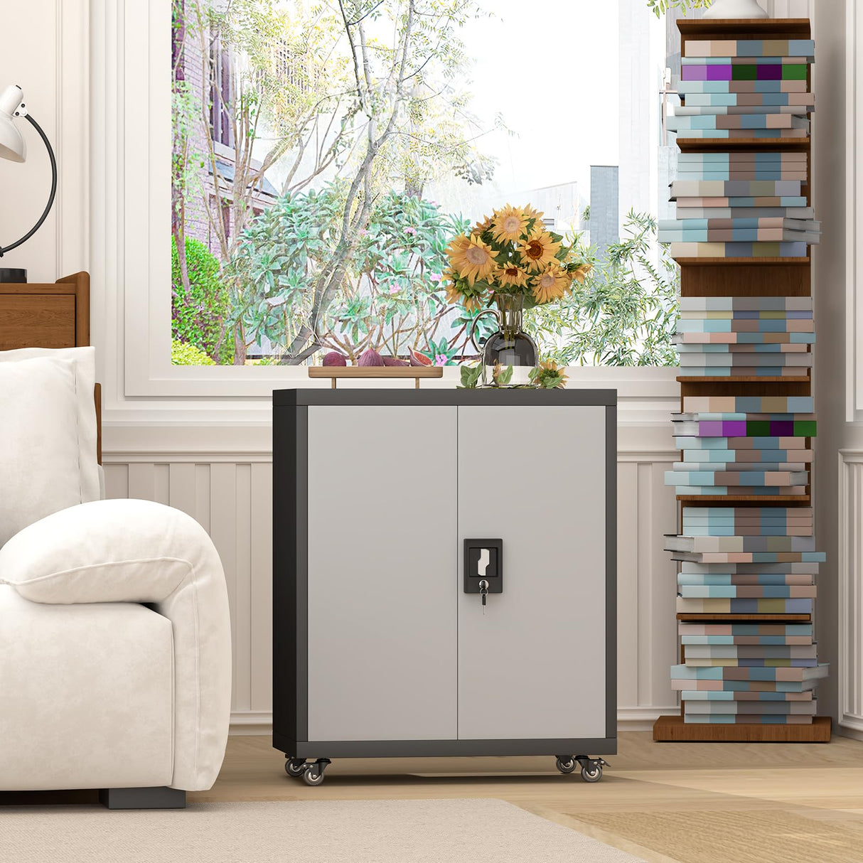 GREATMEET Metal Storage Cabinet with Locking Doors,Steel Storage Cabinet with Wheels Suit for Home Office with 1 Adjustable Shelf for Files, Black&Grey GREATMEET