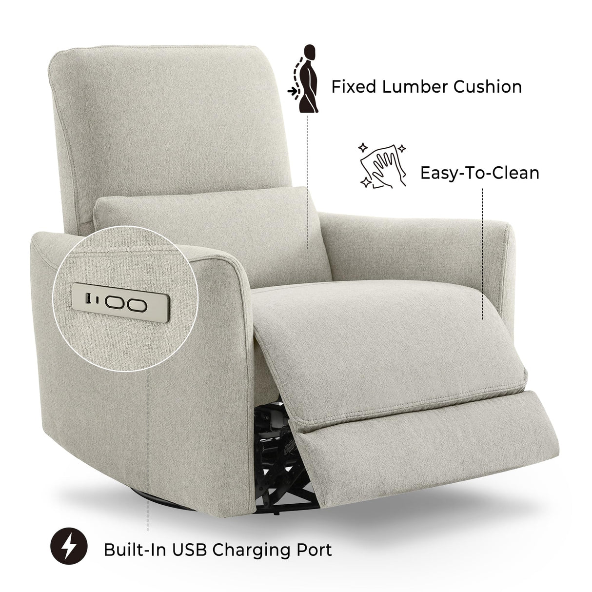CHITA Power Recliner Chair Swivel Glider, FSC Certified Fabric Living Room Nursery Reclining Sofa Chair with Lumbar Support, Dove Grey CHITA