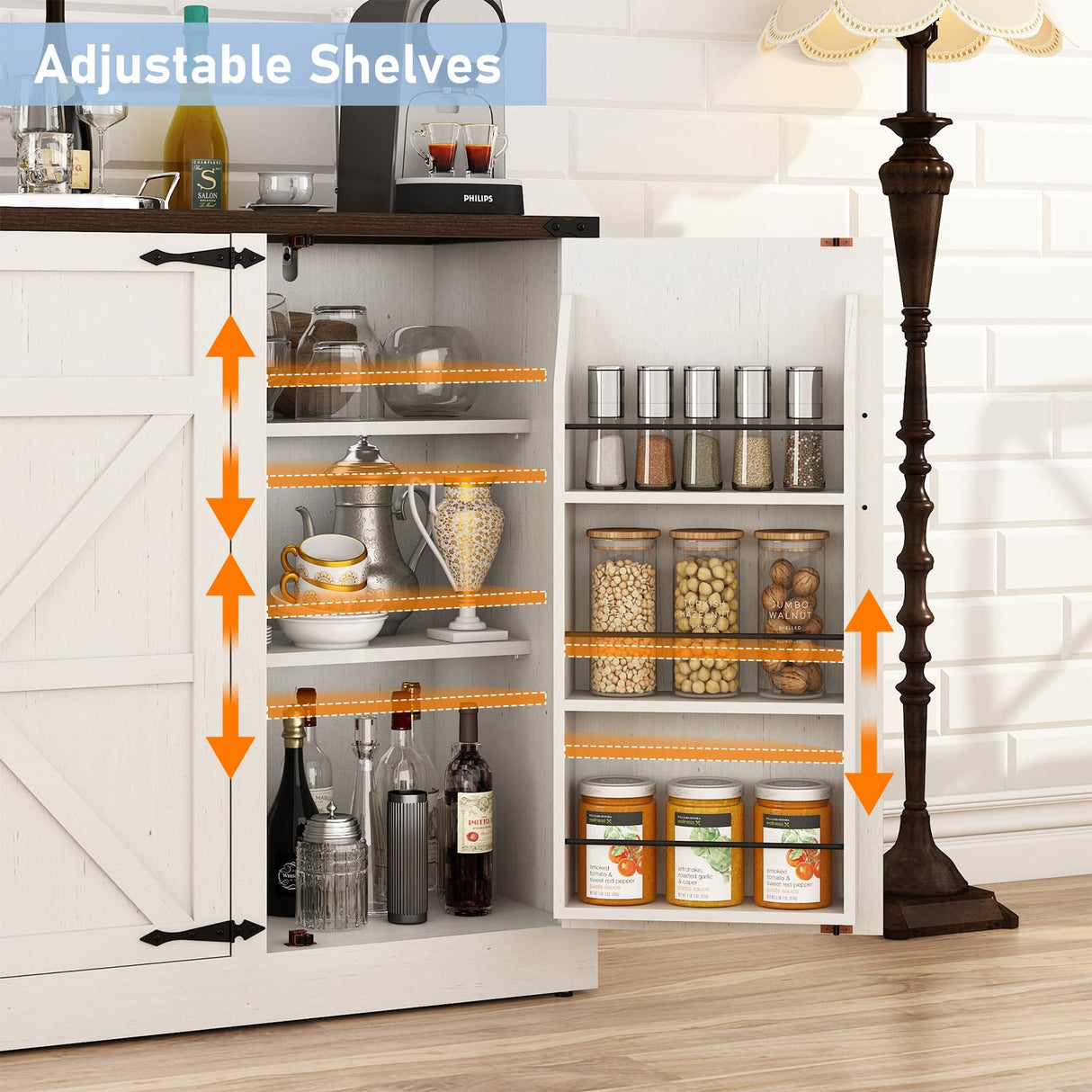 Sideboard Buffet Cabinet with Storage - 47.2 Inch Farmhouse Kitchen Sideboard Cabinets with Adjustable Shelves, Wooden Coffee Bar Storage Cabinet Buffet Table for Kitchen, Dining Room, White chartustriable