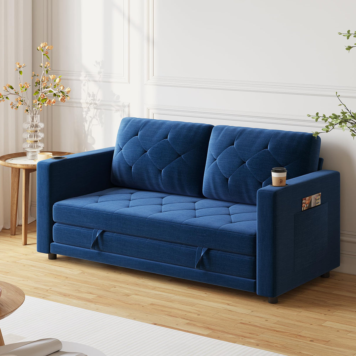 Lvifur 3-in-1 Loveseat Sleeper Sofa, Pull Out Sleeper Couch Full Size, Foldable Futon Sofa Bed for Small Space, Convertible Floor Couch with Side Pockets for Living Room (Blue) Lvifur