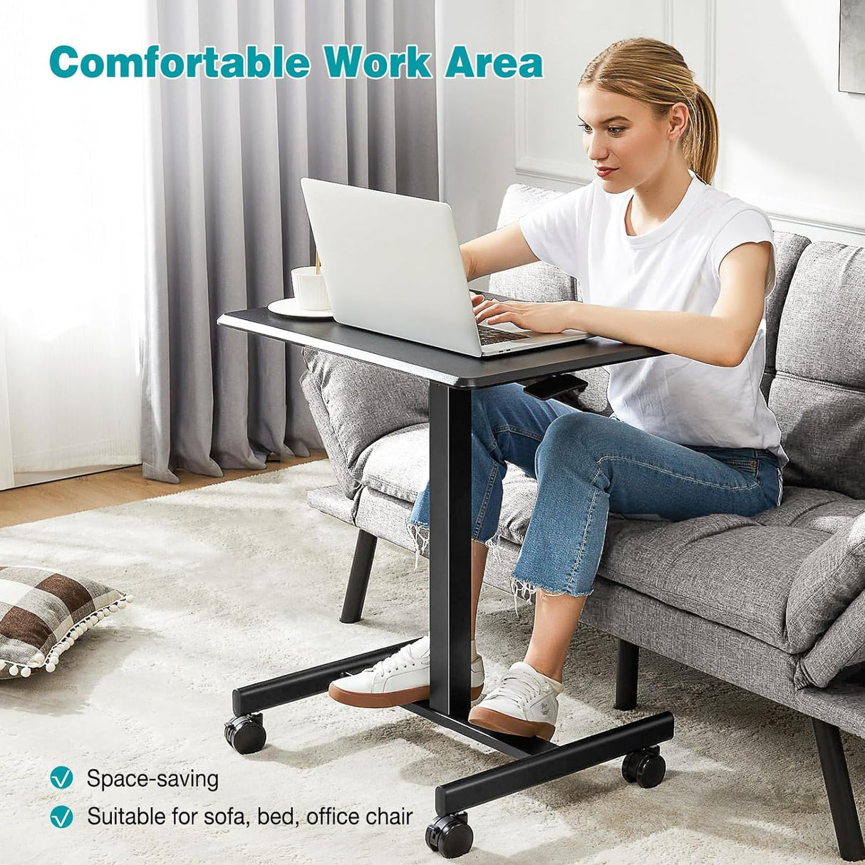 DUMOS Small Standing Desk Mobile Portable Rolling Laptop Desk on Wheels, Adjustable Height Table for Home Office, 19 Inch, Black DUMOS