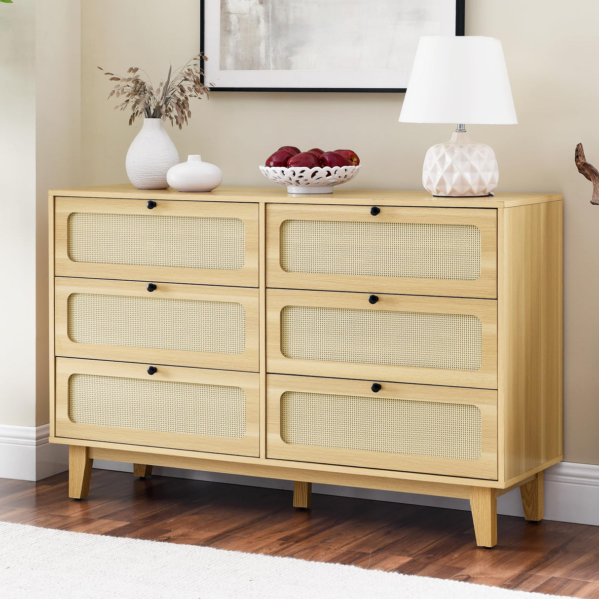 ROCKINGRUN 6 Drawer Rattan Dresser for Bedroom, Modern Wood Storage Closet Dressers Chest of Drawers with Golden Handles, Side Accent Table Organizer for Living Room Hallway Entryway (Natural) ROCKINGRUN