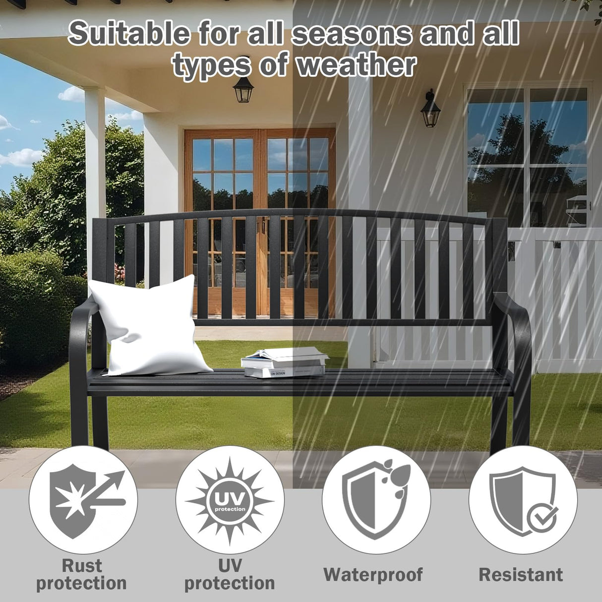 SHGJ&SOFT 50" Outdoor Bench Metal, Heavy-Duty Garden Bench Outdoor, Weatherproof Cast Iron Frame, 500LB Capacity Anti-Rust Patio Park Bench for Porch, Yard, Lawn SHGJ&SOFT