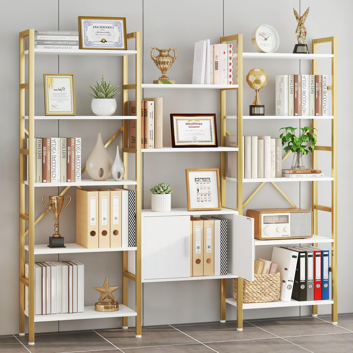 Yusong Bookshelf Triple Wide 5 Tier Bookcases with Storage Cabinet, Industrial Large Modern Tall Bookshelves with 12 Open Display Shelves for Living Room Office Bedroom, White and Gold Yusong