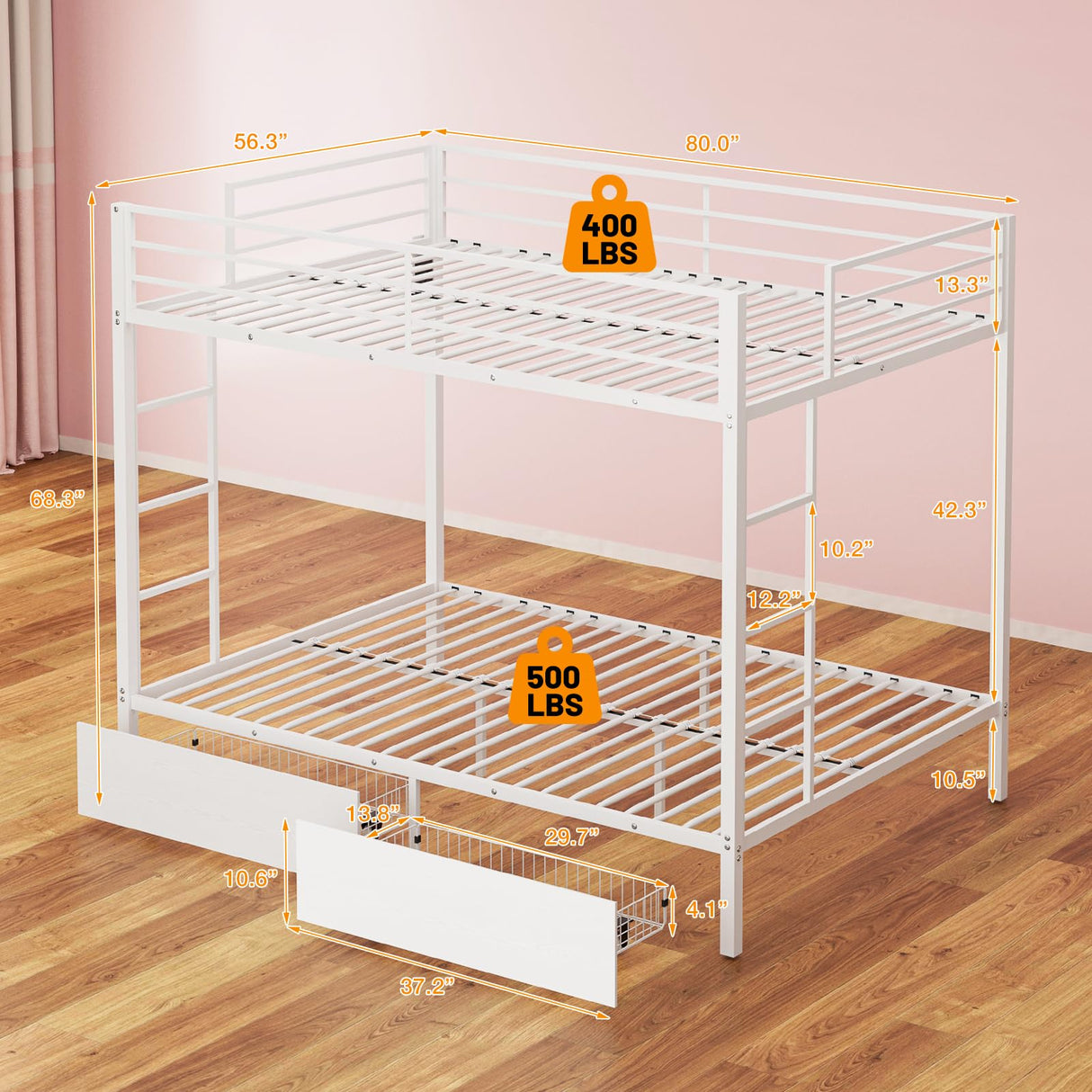 IKIFLY Full Over Full Bunk Beds with 2 Storage Drawers, Heavy Duty Metal Bunk Bed with LED Lights and Charging Station, Safety Guardrail & 2 Ladders, Space-Saving, No Box Spring Needed, White IKIFLY