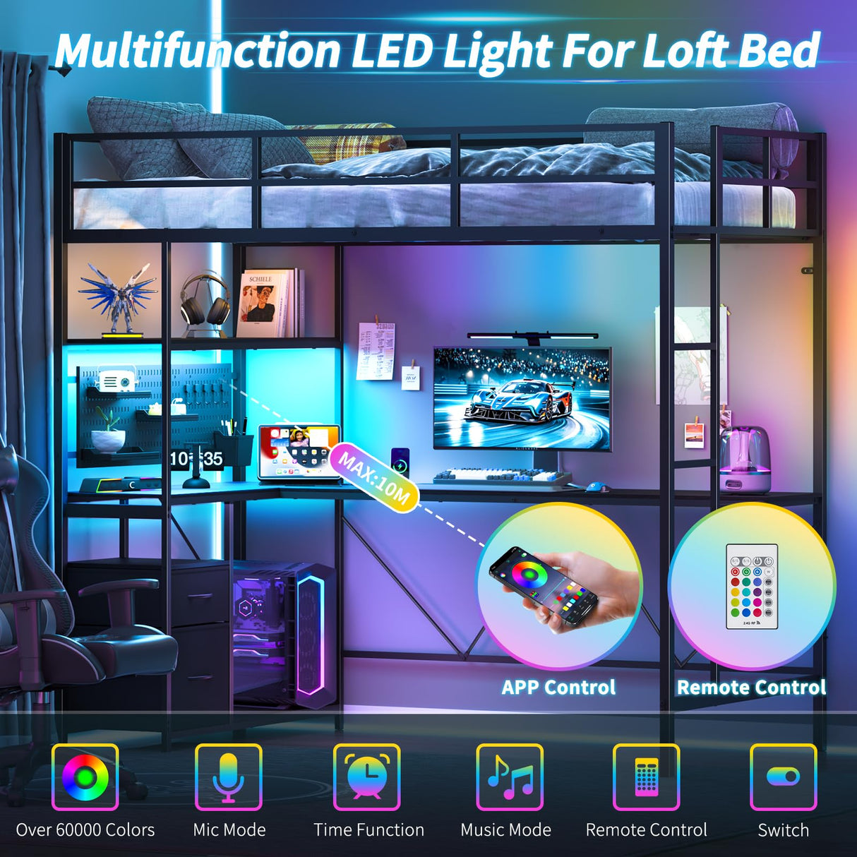 Yoobure Loft Bed Twin Size with L-Shaped Desk, LED Lights Charging Station LED Metal Twin Loft Bed Frame with 2 Storage Drawers, Safety Guard & Ladder for Kid Junior Adult, Heavy Duty, Space-Saving Yoobure