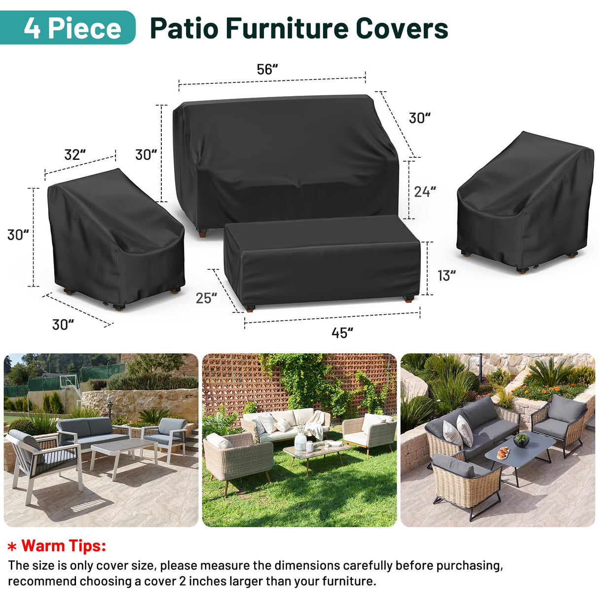 Mrrihand Patio Furniture Covers, 4 Piece Outdoor Furniture Cover Waterproof includ Ourdoor Sofa Cover, 2 Chair Covers, Coffee Table Cover with Windproof Buckle Strap and Adjustable Drawstring Mrrihand