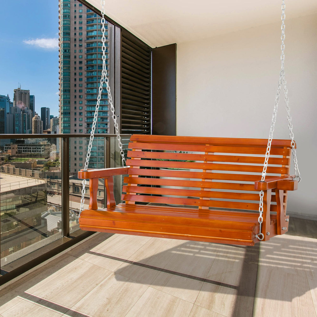 Outsunny Porch Swing with Chains and Cupholders, 2 Person Wooden Patio Swing Chair, 440 lbs. Weight Capacity, for Garden, Poolside, Backyard, Brown Outsunny