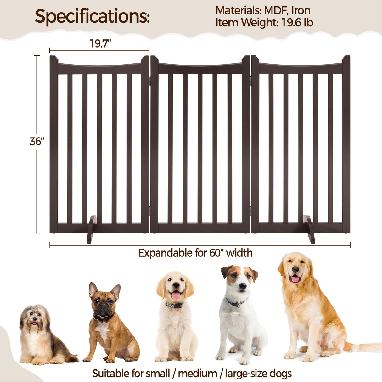 Yaheetech 36" H Extra Tall Freestanding Pet Gate 3-Panel Wooden Dog Fence with 2 Support Feet Folding Dog Gate for Indoor, Stairs, Doorways, Halls, Kitchen Wooden Pet Barrier Espresso, 60" L x 36" H Yaheetech