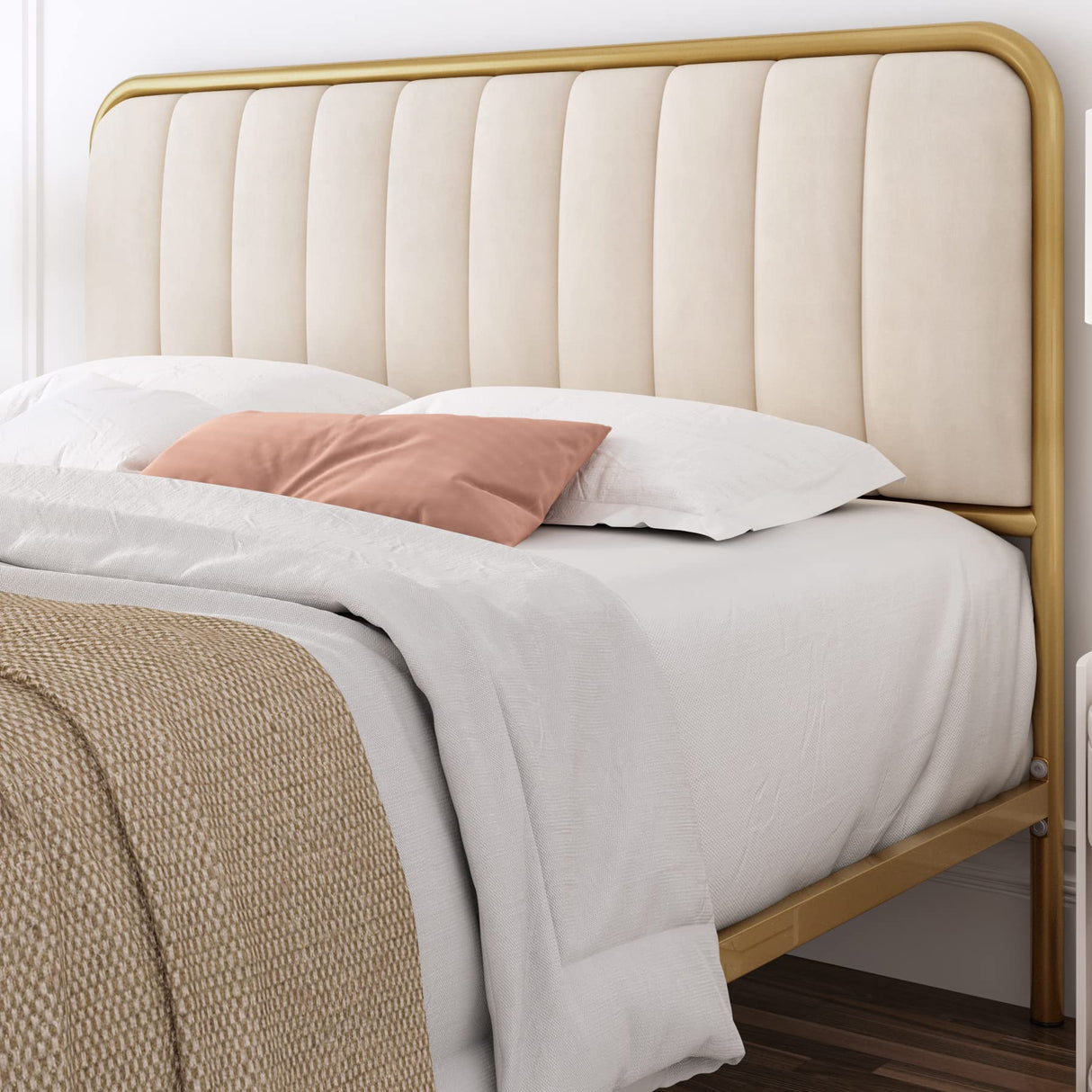HITHOS Full Size Bed Frame with Button Tufted Headboard, Upholstered Heavy Duty Metal Mattress Foundation with Wooden Slats, Easy Assembly, No Box Spring Needed (Golden/Off White, Full) HITHOS