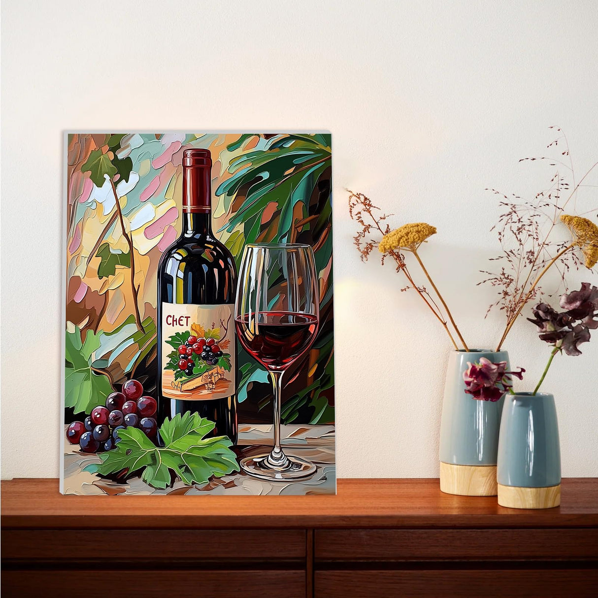 Lxmsja Red Wine Paint by Numbers Kit for Adults, Acrylic Green Leaf Paint by Numbers for Adults Beginner, DIY Craft Supplies Oil Painting Kits for Home Wall Decor 12x16 inch (Framed) Lxmsja