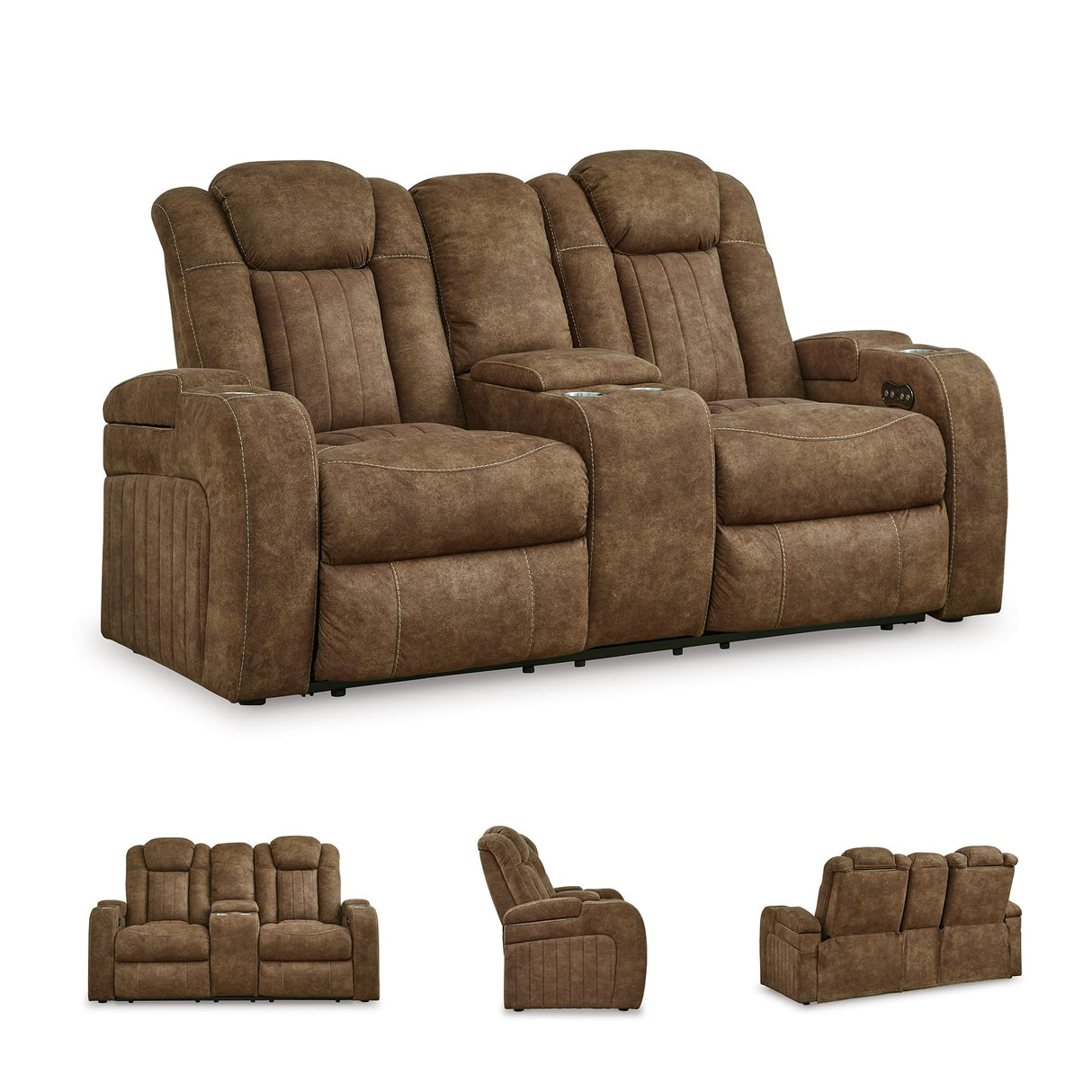 Signature Design by Ashley Wolfridge Contemporary Faux Leather Power Reclining Loveseat with Console, Cup Holders and USB Ports, Light Brown Signature Design by Ashley