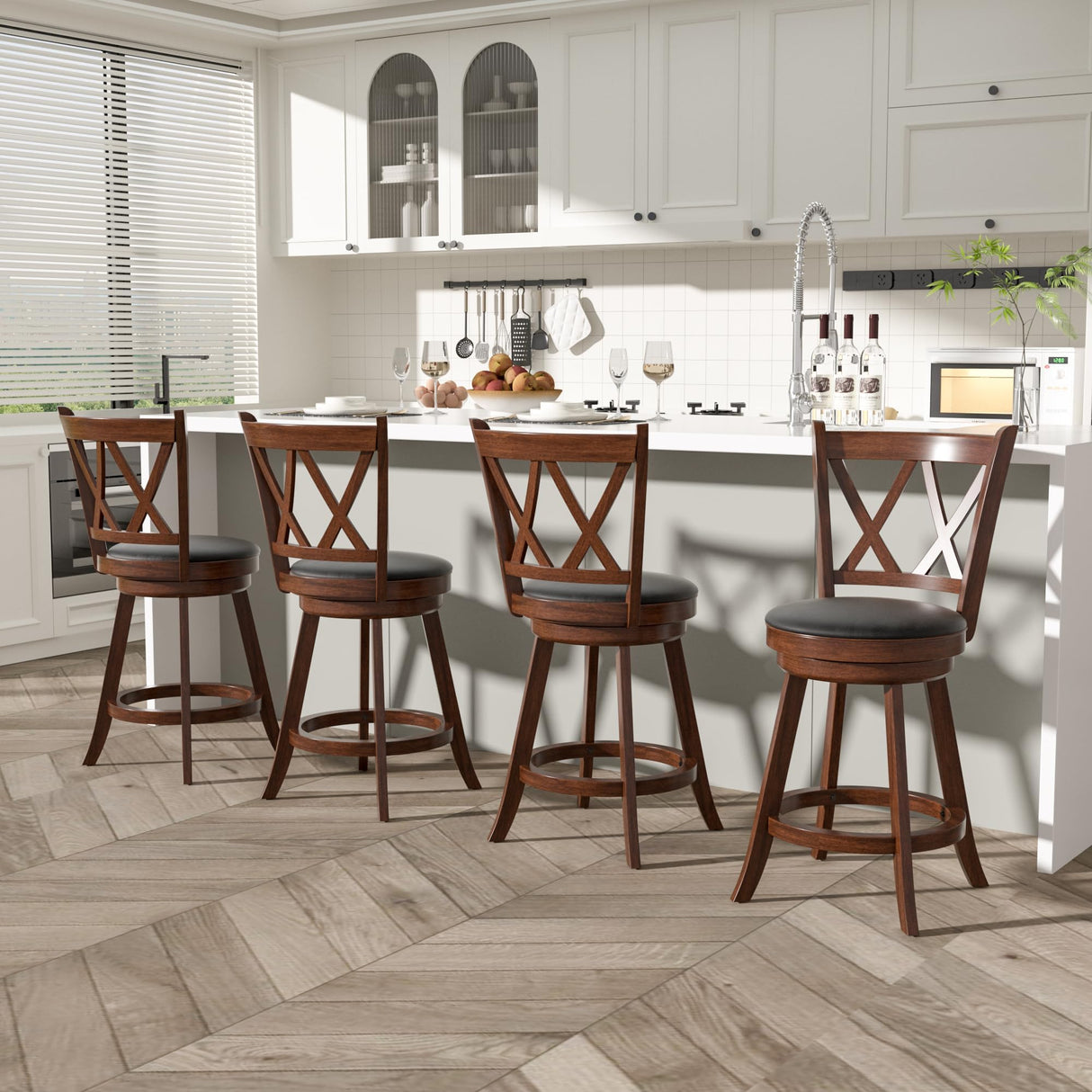 24" Counter Height Swivel Bar Stools - High Back Swivel Counter Stools with Upholstered Seat & Solid Wood Footrest, Counter Bar Chairs for Kitchen Island & Pub (Brown, Set of 2) Betterhood