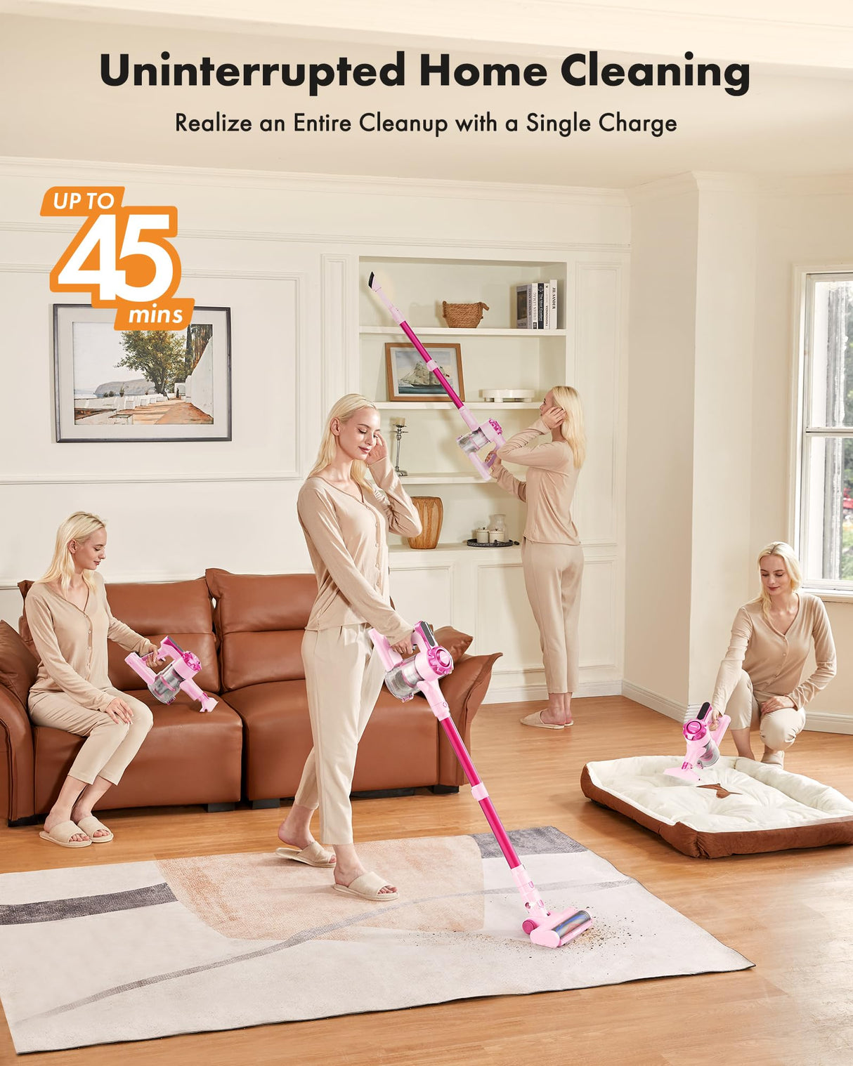 Trucozie Cordless Vacuum Cleaner, 8-in-1 Lightweight Stick Vacuum with 45mins Runtime, Powerful Suction, Rechargeable Cordless Vacuum for Carpet, Tile, Pet Hair, Hardwood Floors, Pink Trucozie