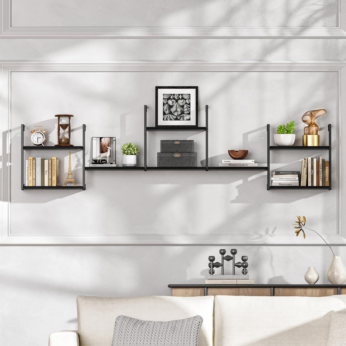 DEMEGA Wall Mounted Bookshelves, 80″ Floating Shelves for Wall, 8-Tier Wooden Hanging Bookshelf, Easy Installation Book Organizer for Home Office, Living Room, and Bedroom DEMEGA