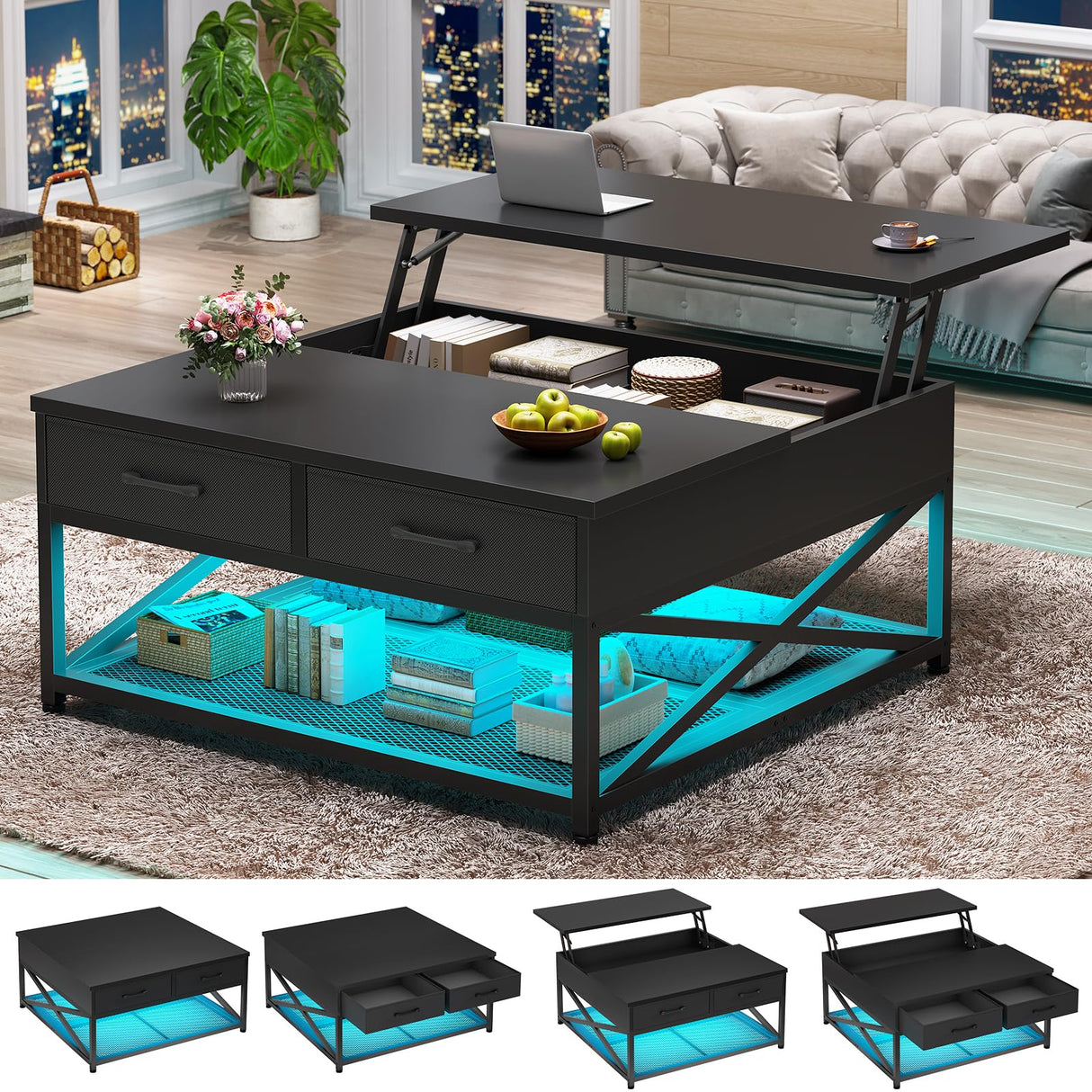 Itaar 31.5" Lift Top Coffee Table with Storage, Square Coffee Tables for Living Room, Coffee Table with 2 Fabric Drawers & Large Storage Shelvs, Black Itaar