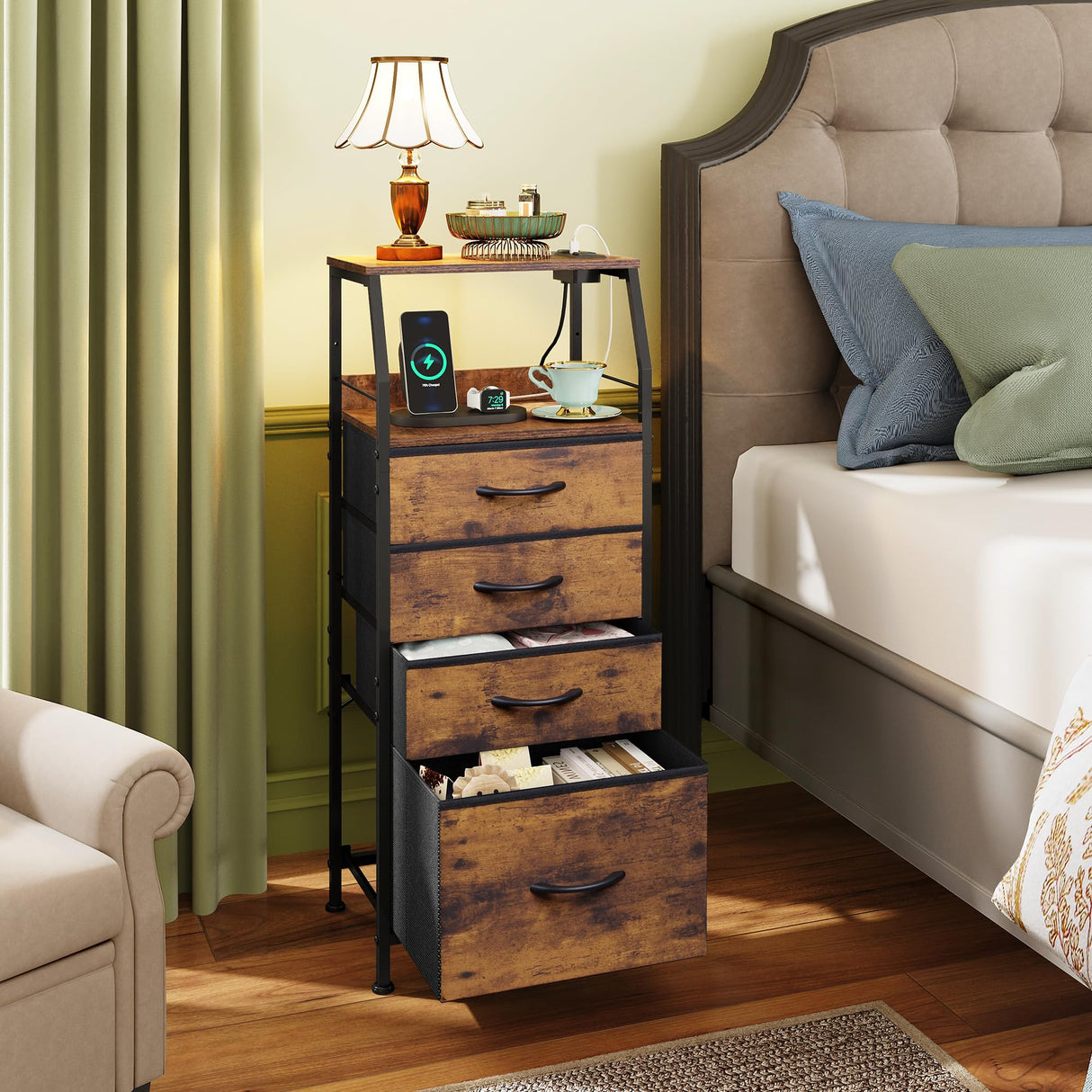 WLIVE 4 Drawer Dresser for Bedroom, Nightstand with Charging Station and Led Light, Tall Night Stand Bed Side Table, End Table with USB Ports and Outlets, Fabric Bins, Wood Shelf, Rustic Brown WLIVE