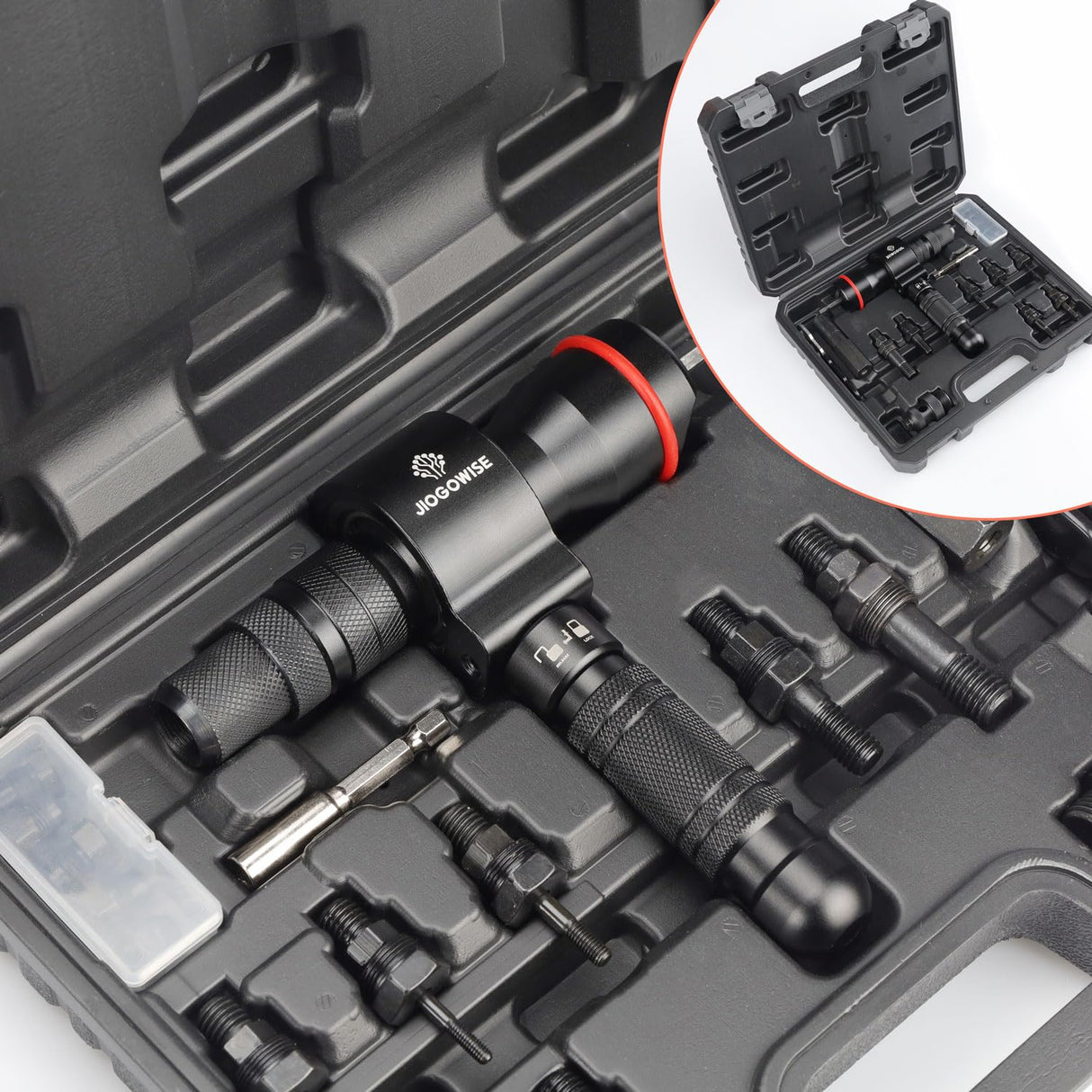 JIOGOWISE 2-in-1 Design Cordless Rivet Gun Adapter and Rivet Nut Adapter,Electric Drill Tools Accessory Kit with Carry Case,7 Metric Mandrels M3 to M12, 6 Rivet Heads 2.4mm to 6.4mm JIOGOWISE