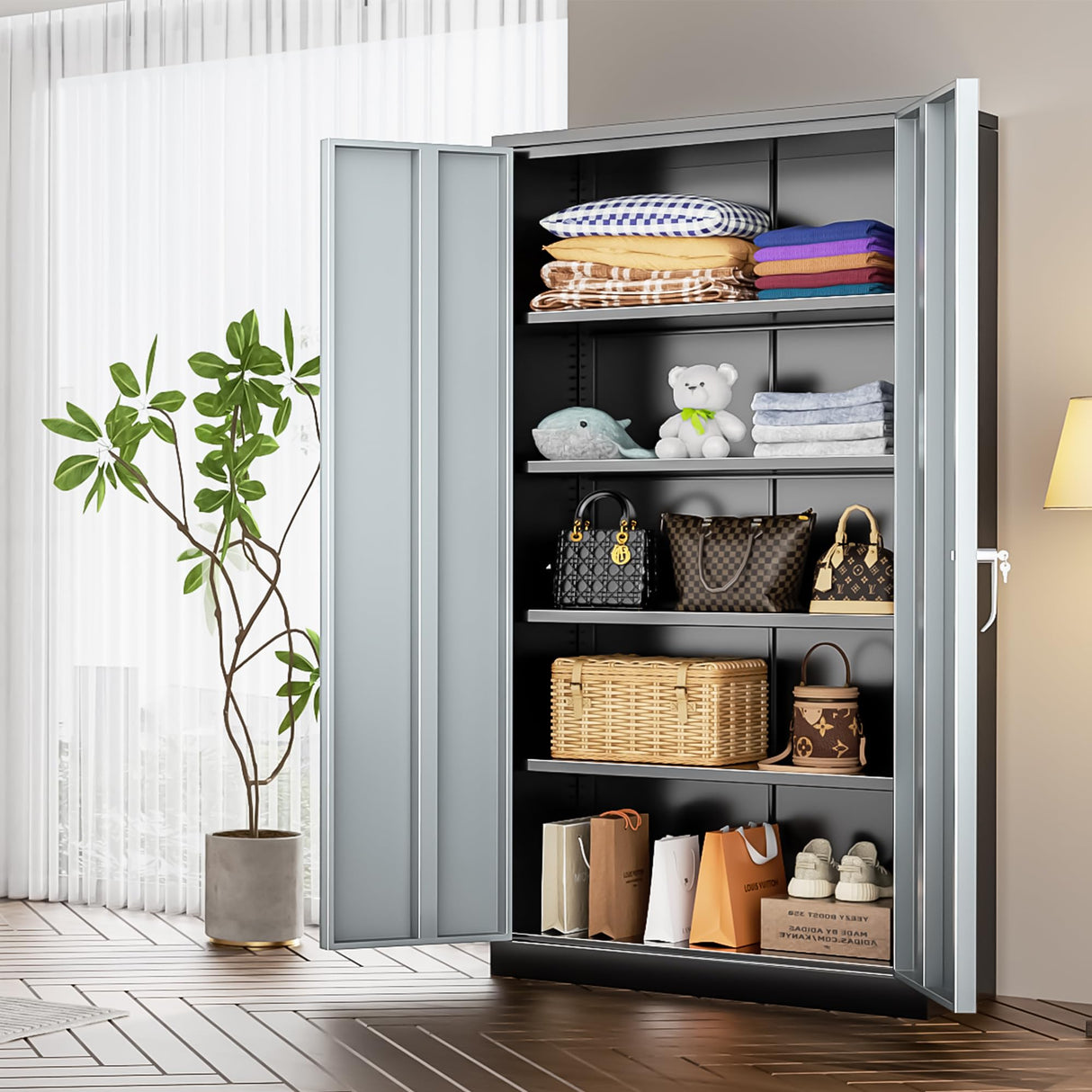 INTERGREAT Metal Storage Cabinet, 72" Tall Locking Storage Cabinet with 2 Doors and 4 Adjustable Shelves, Steel Tool Locking Cabinet for Home Office, Warehouse, School (Black Grey) INTERGREAT