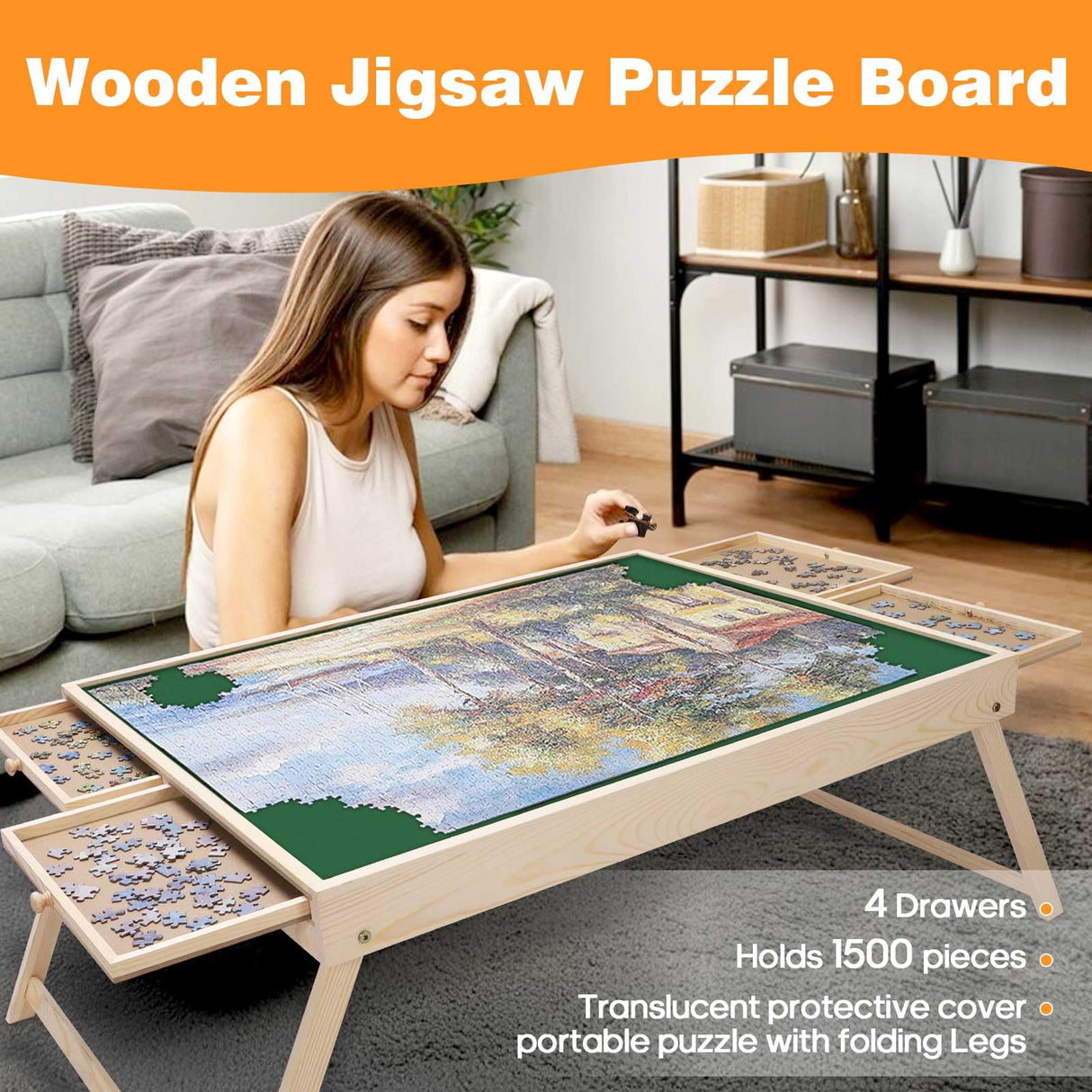 ITEFDTUTNE Jigsaw Puzzle Table with Folding Legs, 34 "x 26" Wooden Puzzle Table with 4 Drawers and Cover, Portable Puzzle Enlightenment Board for Puzzle Storage and Sorting - 1500 Piece ITEFDTUTNE