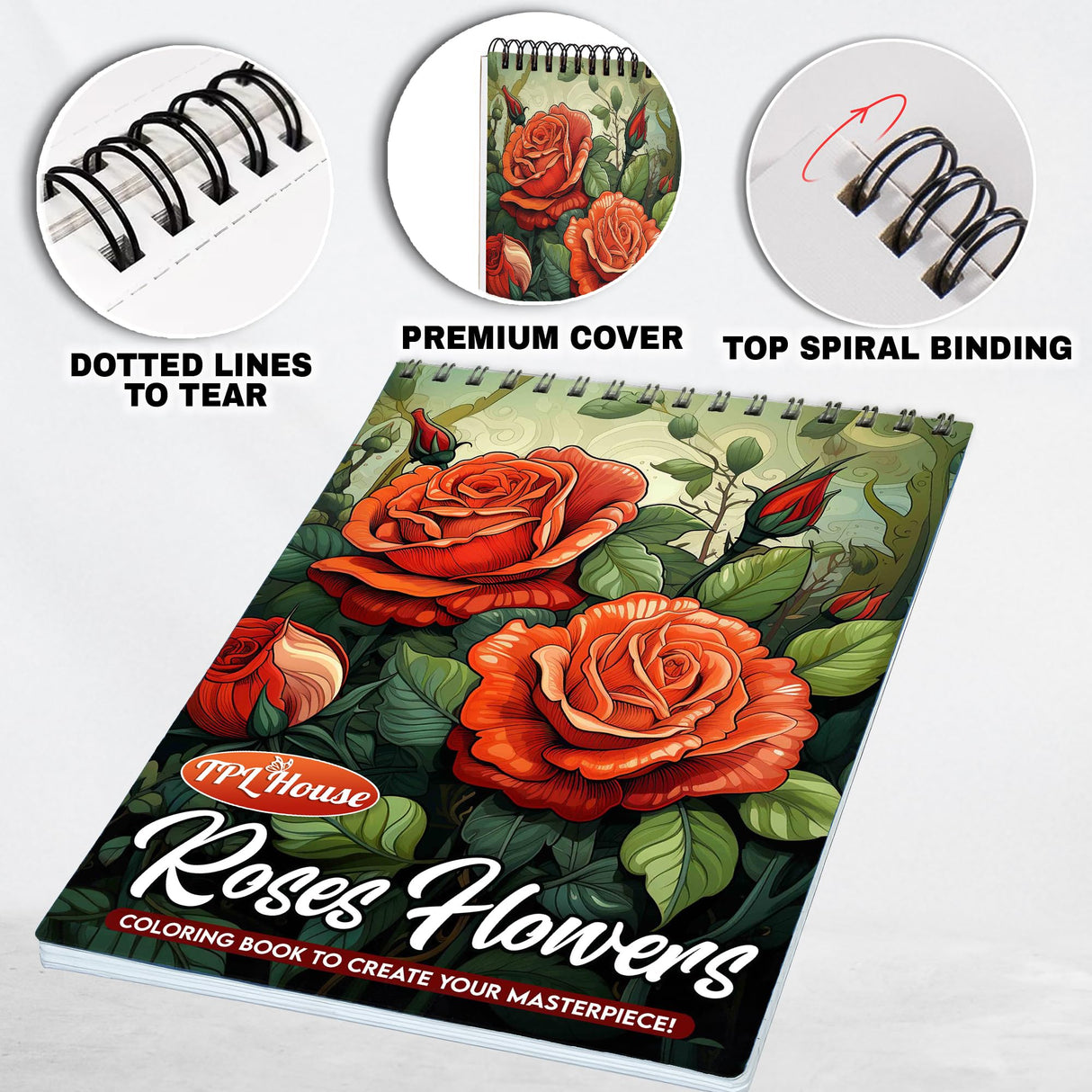 TPLHOUSE Roses Flowers Coloring Book Spiral Bound for Adults, Softcover, 30 Aesthetic Roses Coloring Pages of Charming Garden for Stress Relief and Relaxation TPLHOUSE