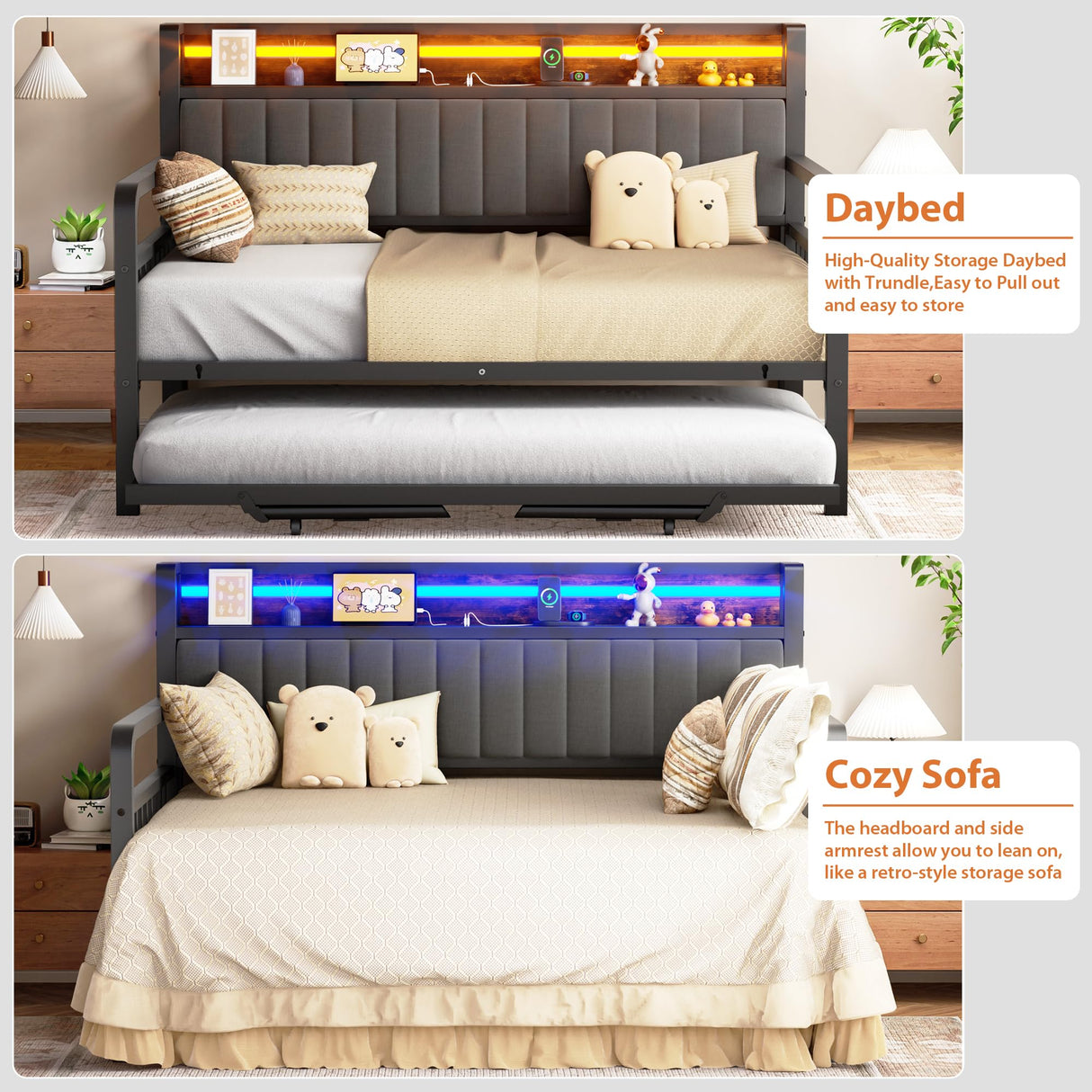 Daybed with Trundle and LED Light, Heavy Duty Metal Full Bed Frame with Upholstered Storage Headboard & Charging Station, Day Bed Pop Up Trundle Bed for Living Room,Bedroom and Guest Room, Brown Jocoevol