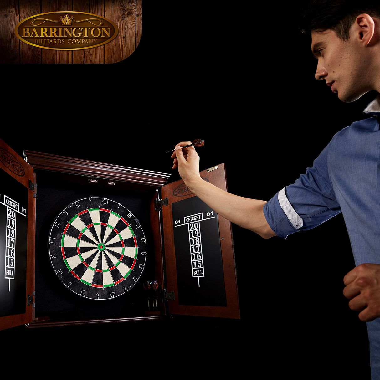 Barrington Billiards Chatham Wood Dartboard Cabinet With 18” Bristle Dartboard and Steel Tip Dart Set Barrington Billiards