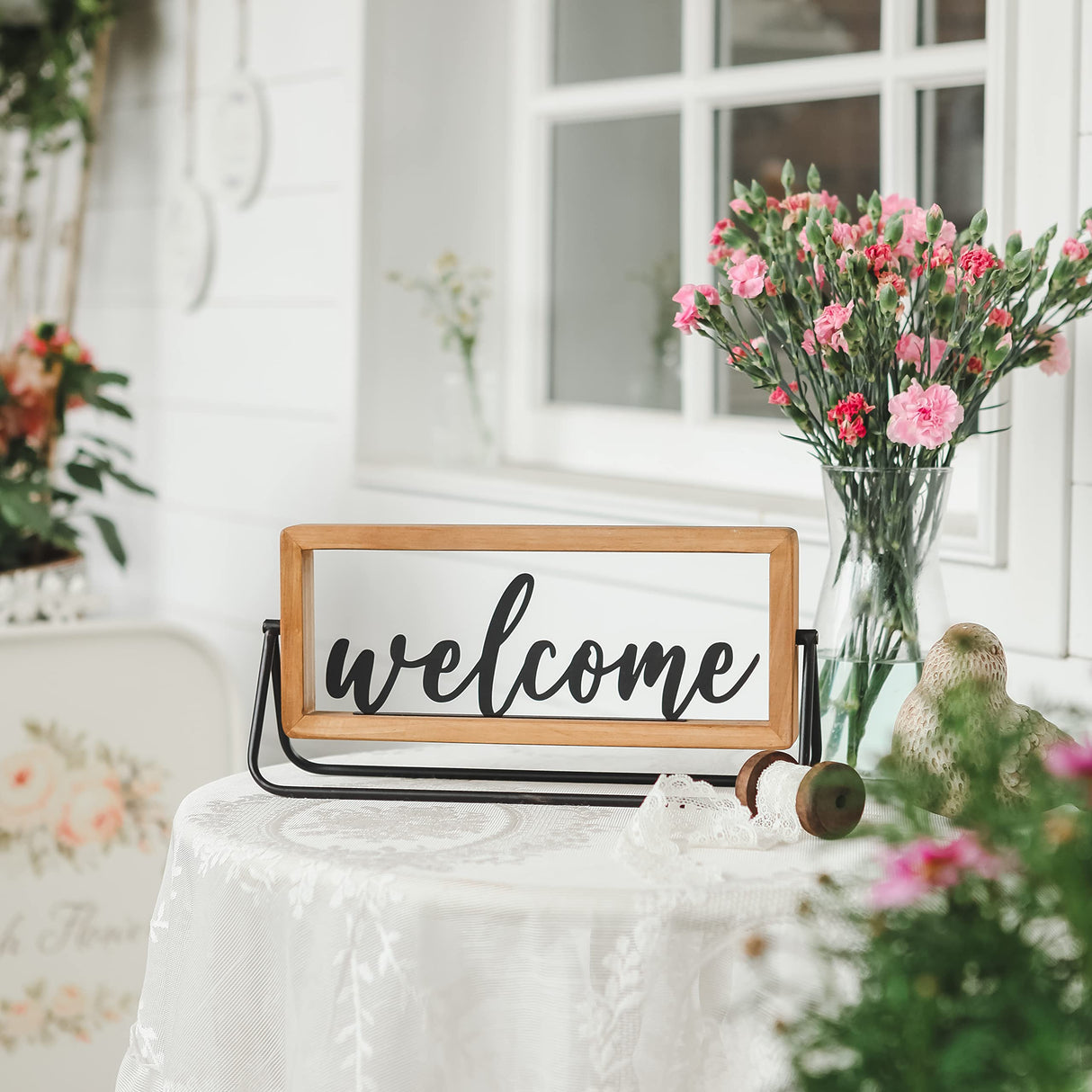 NIKKY HOME Rustic Wooden Home Sign Decorative Cutout Letters Freestanding Block Word Sign Hanging Ornament Table Shelf Decor (Welcome) NIKKY HOME