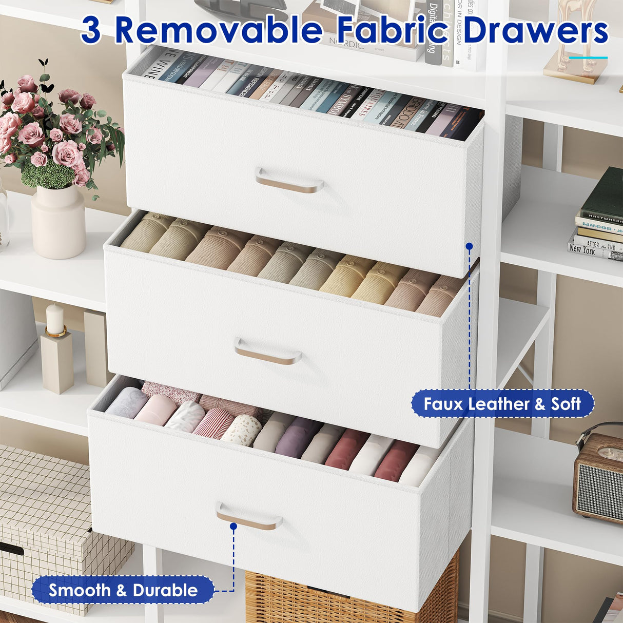 Nosepen 73.6" Tall Bookshelf with 3 Drawers and 16 Storage Shelves, Industrial Bookcase with 16 Open Display Shelves, Large Etagere Bookshelf, Triple Wide Book Shelf Book Case for Home & Office, White Nosepen