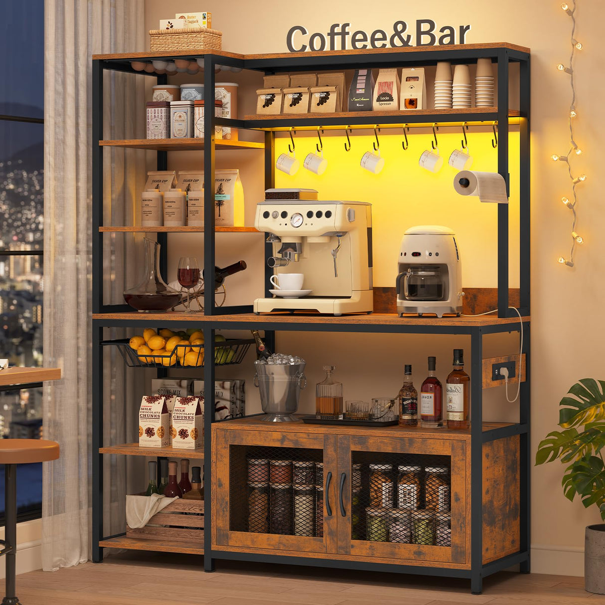 47.2 in Bakers Rack with Power Outlet & LED Light, Coffee Bar with Coffee Pod Holder for Vetuo, Kitchen Microwave Stand with Storage Shelves, Paper Holder, Cabinet, Wire Basket, 8 Hooks (Rustic Brown) UPOSOJA