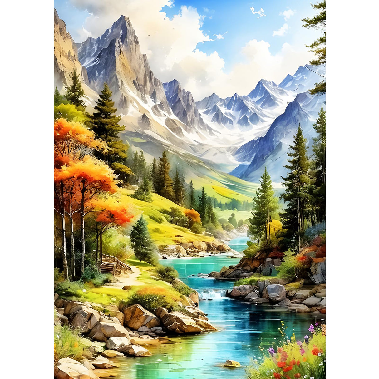 GDYEEH DIY Snowy Mountain 5D Diamond Art Kits, Round Full Drill Sparkling River Stream Diamond Painting Picture, Forest Painting by Numbers Art Kits for Adults Beginners Home Wall Decor 12x16 inch GDYEEH