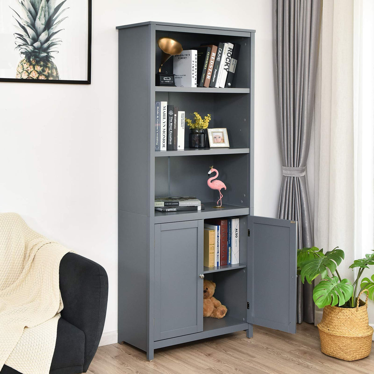 SILKYDRY 71.5" Grey Freestanding Bookshelf with Doors and Adjustable Shelves SILKYDRY