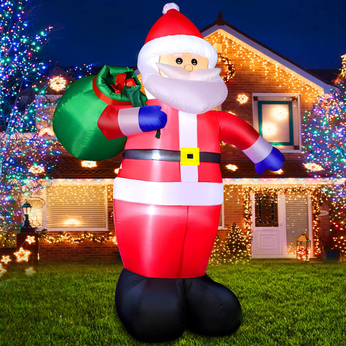 6 FT Christmas Inflatable Santa Claus Outdoor Decorations, Blow up Santa Claus with Gift Bag, Large Xmas Santa Carrying Present Sack, Outside Decor for Yard Garden Lawn Home Party, Built-in LED Lights FunFanso