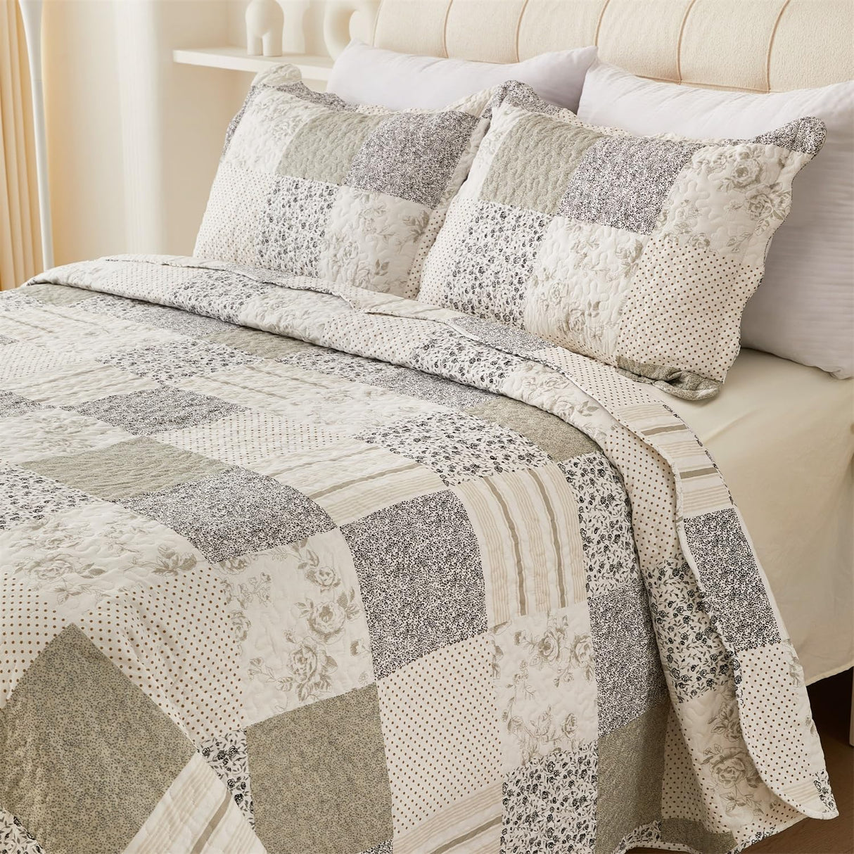 Cmfshape Summer Floral King Quilt Set,Grey Patchwork Quilts King,Reversible Quilted Bedspread with 2 Shams, Vintage Farmhouse Coverlet(Grey, King102 x90) Cmfshape