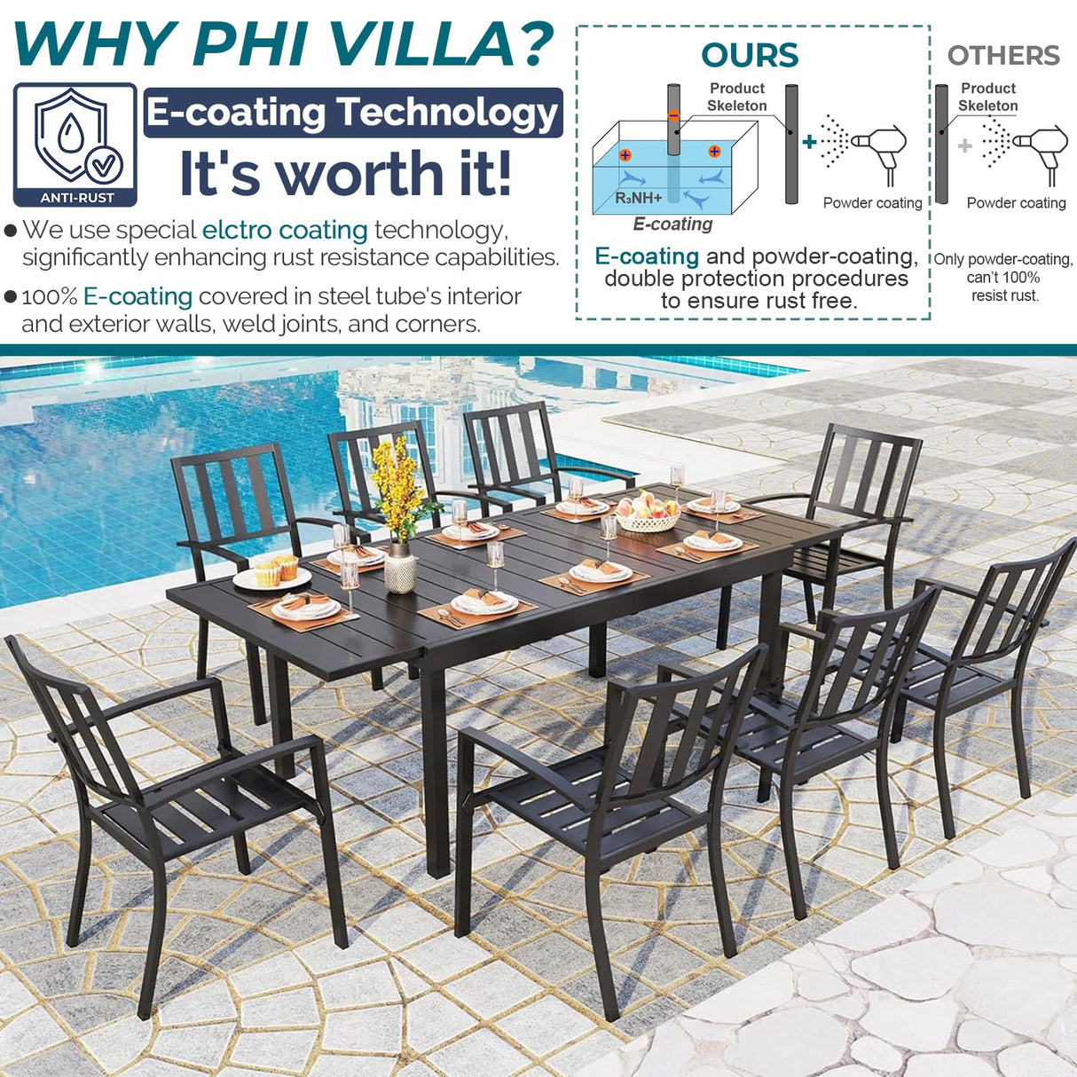 PHI VILLA 9 Piece Patio Dining Table Set, Expandable Rectangular Metal Dining Table & 8 Steel Chairs for Outdoor, Deck, Yard PHI VILLA