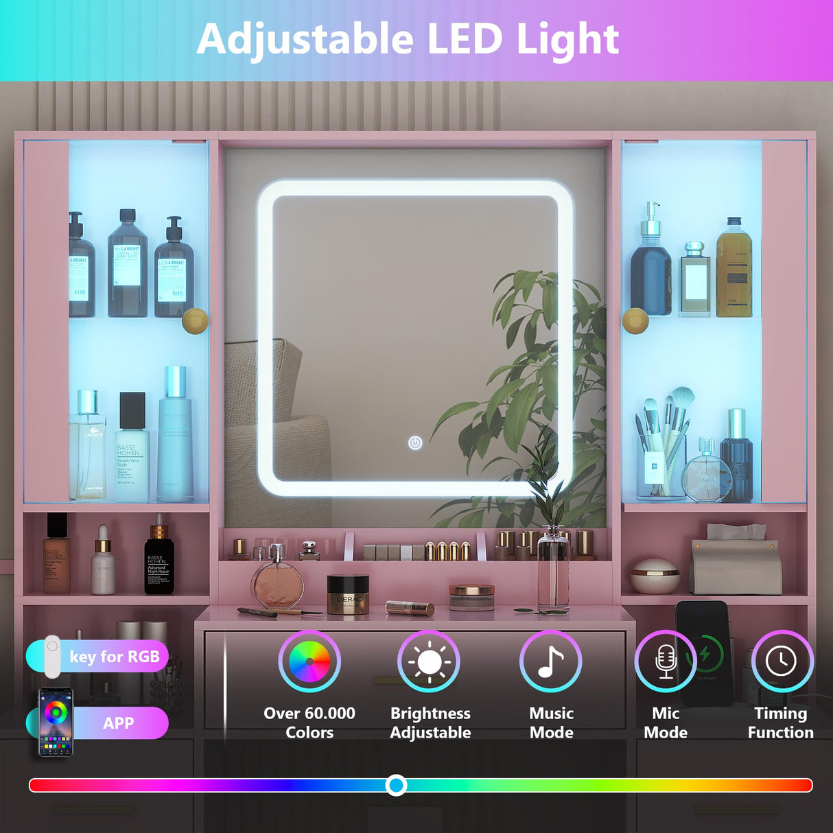 HUANLEGO Makeup Vanity Desk with Mirror and Lights, Pink Vanity Mirror with Lights Desk with Chair & LED Glass Cabinet, Vanity Set with Lighted Mirror & Power Outlet, Dressing Table with 7 Drawers HUANLEGO