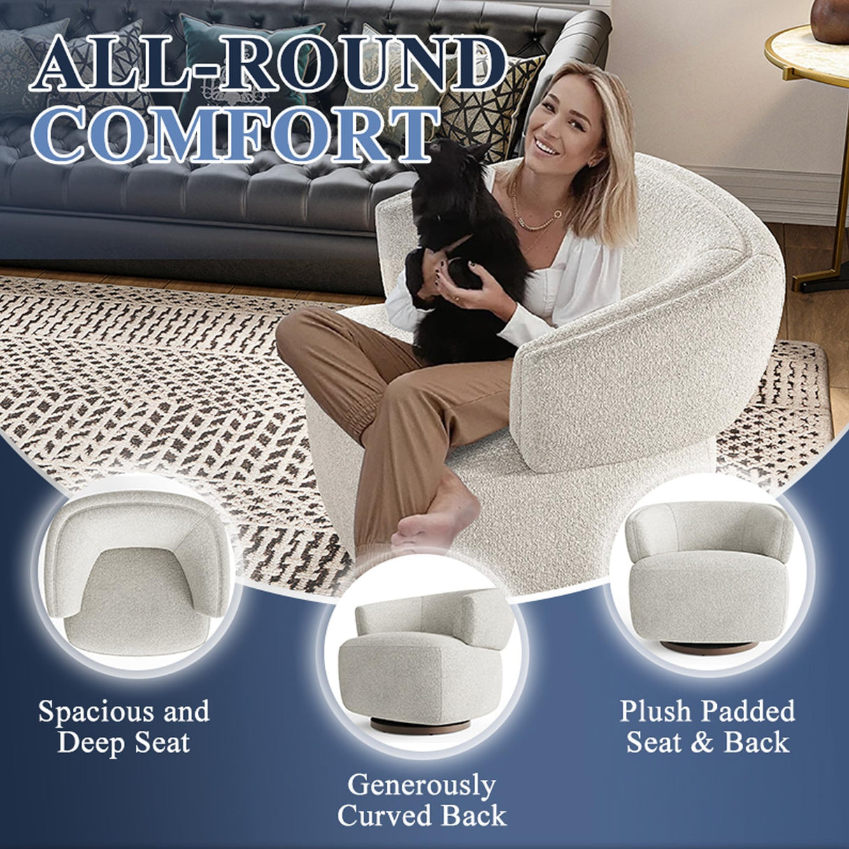 RoyalCraft Swivel Accent Chair Set of 2, Fully Assembled Round Barrel Chairs, Oversized Upholstered Armchair with 360-Degree Base, Modern Club Chair for Living Room, Bedroom, Office, Griege RoyalCraft