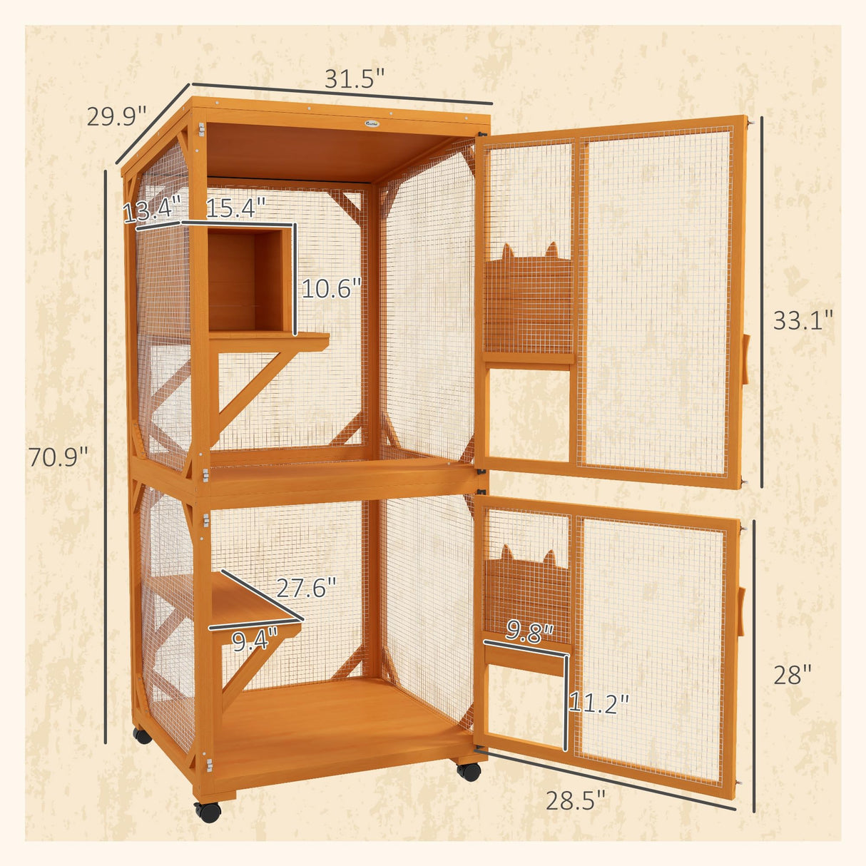 PawHut Wooden Catio with Waterproof Roof, Large Cat House with High-Up Resting Box, Indoor & Outdoor Cat Enclosure with Wheels, for 1-3 Cats, Orange PawHut